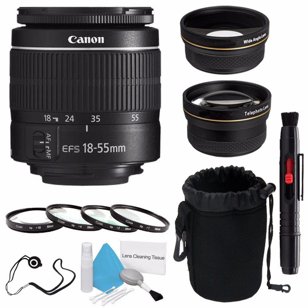 Canon EF-S 18-55mm f/3.5-5.6 III Lens (International Model) + 58mm Wide Angle Lenses + 58mm Macro Close Up Kit