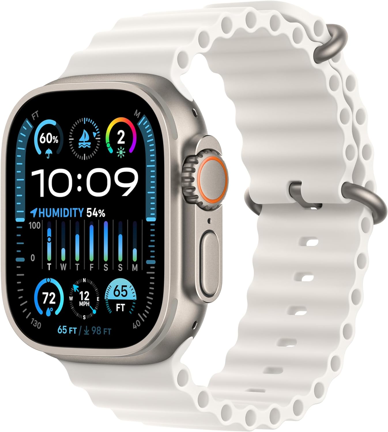 Apple Watch Ultra 2 [GPS + Cellular 49mm] Smartwatch with Rugged Titanium Case & White Ocean Band.