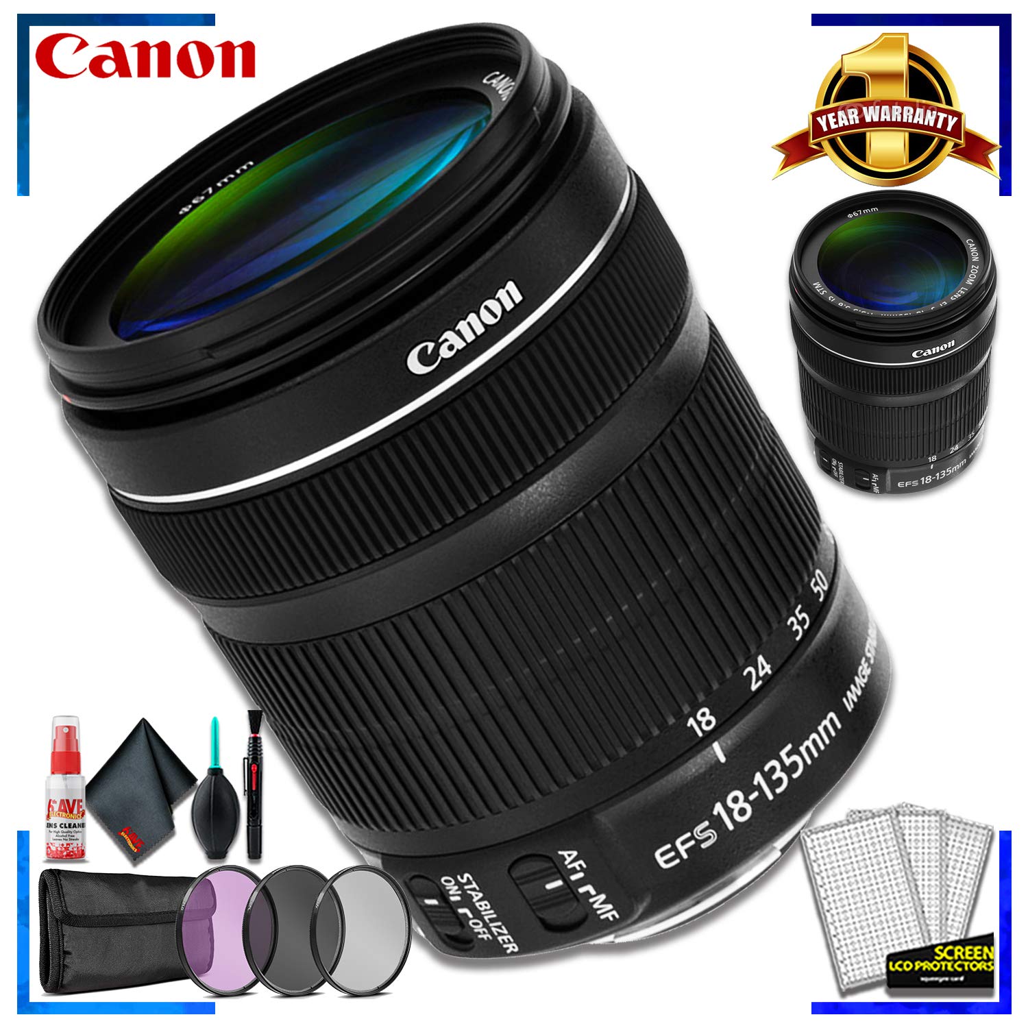 Canon EF-S 18-135mm f/3.5-5.6 STM Lens (Intl Model) + 3 Pcs Filter Kit + Cleaning Kit