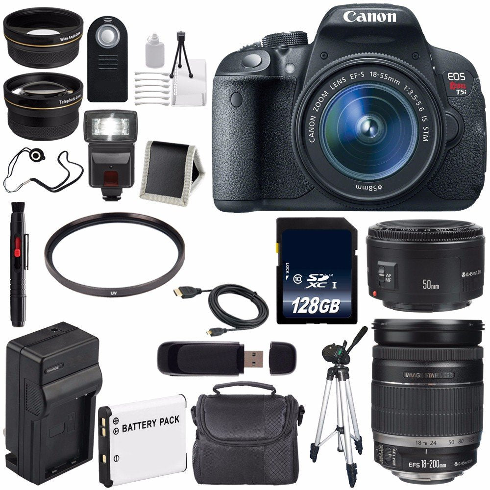 Canon EOS Rebel T5i 18 MP CMOS Digital SLR Camera w/EF-S 18-55mm f/3.5-5.6 Lens (International Model) + Canon EF 50mm f/