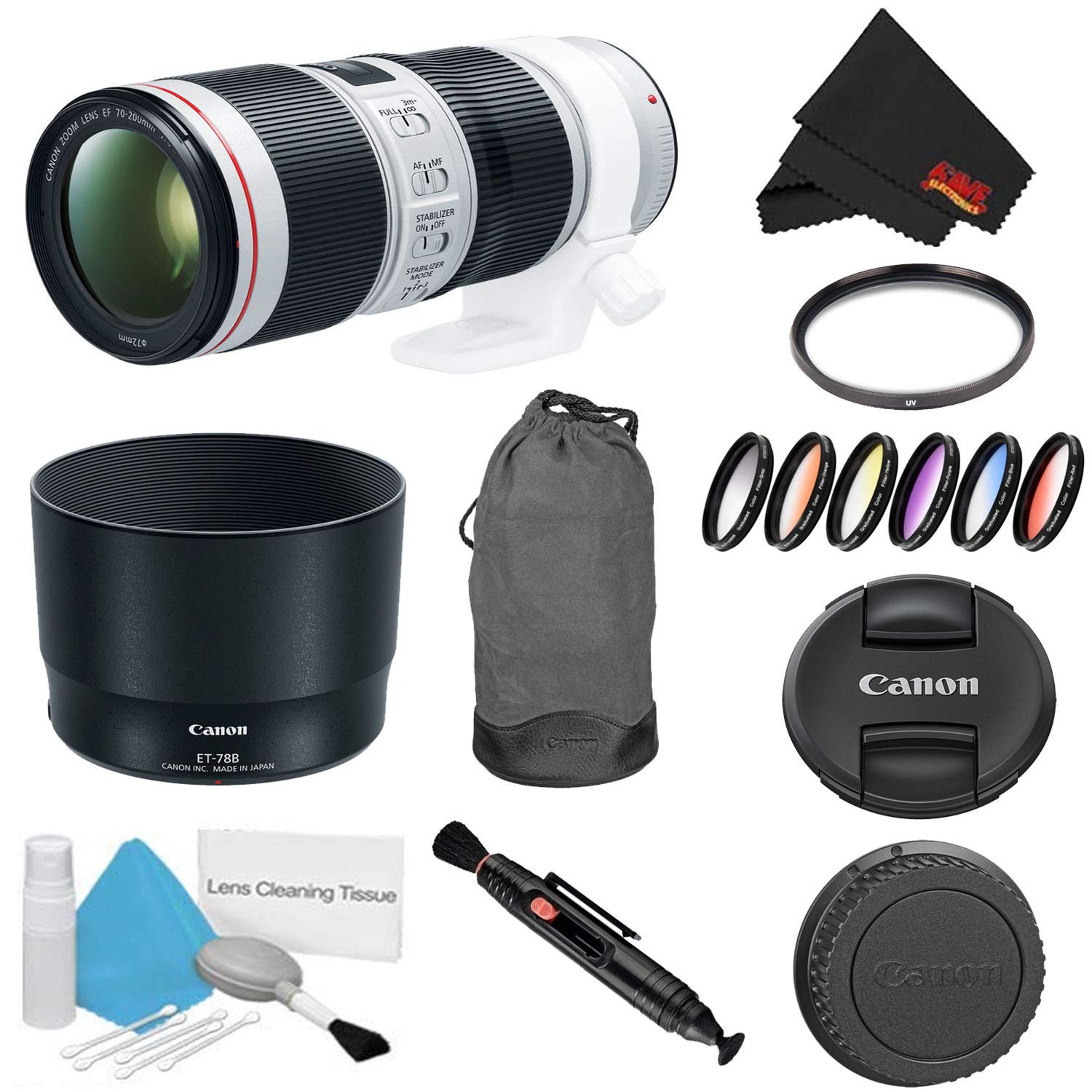 Canon EF 70-200mm f/4L is II USM Lens Bundle w/UV Filter Color Multicoated 6 Piece Filter Kit International Model