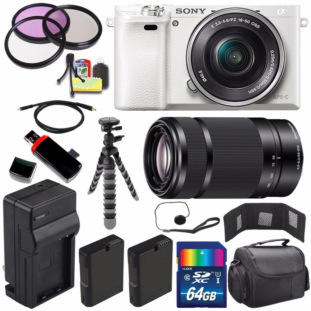Sony Alpha a6000 Mirrorless Digital Camera with 16-50mm Lens (White) + Sony E 55-210mm f/4.5-6.3 OSS E-Mount Lens 64GB Extreme Bundle
