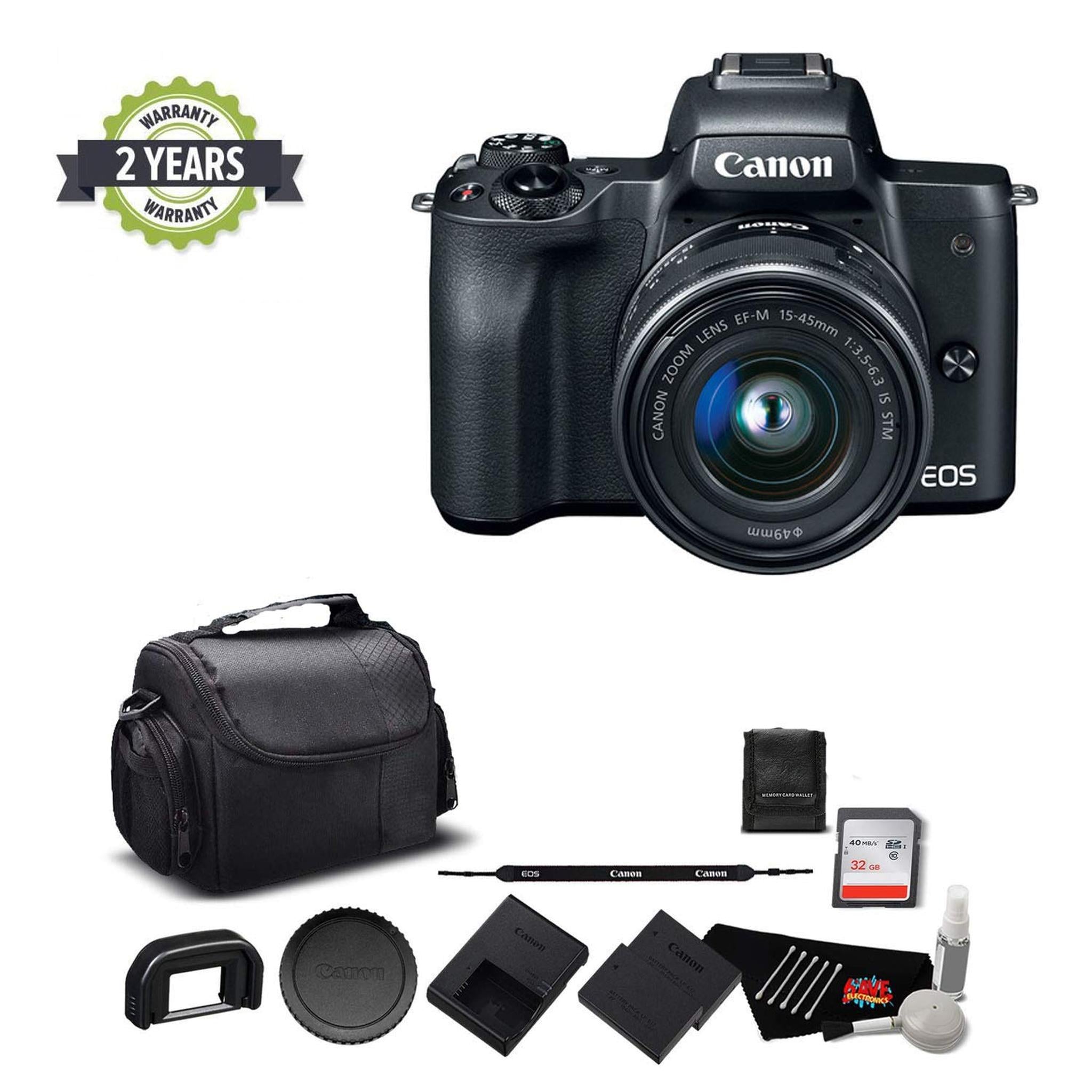 Canon EOS M50 Mirrorless Digital Camera with 15-45mm Lens and 4K Video 2680C011 Bundle with 32GB Memory Card + Spare Bat Canon