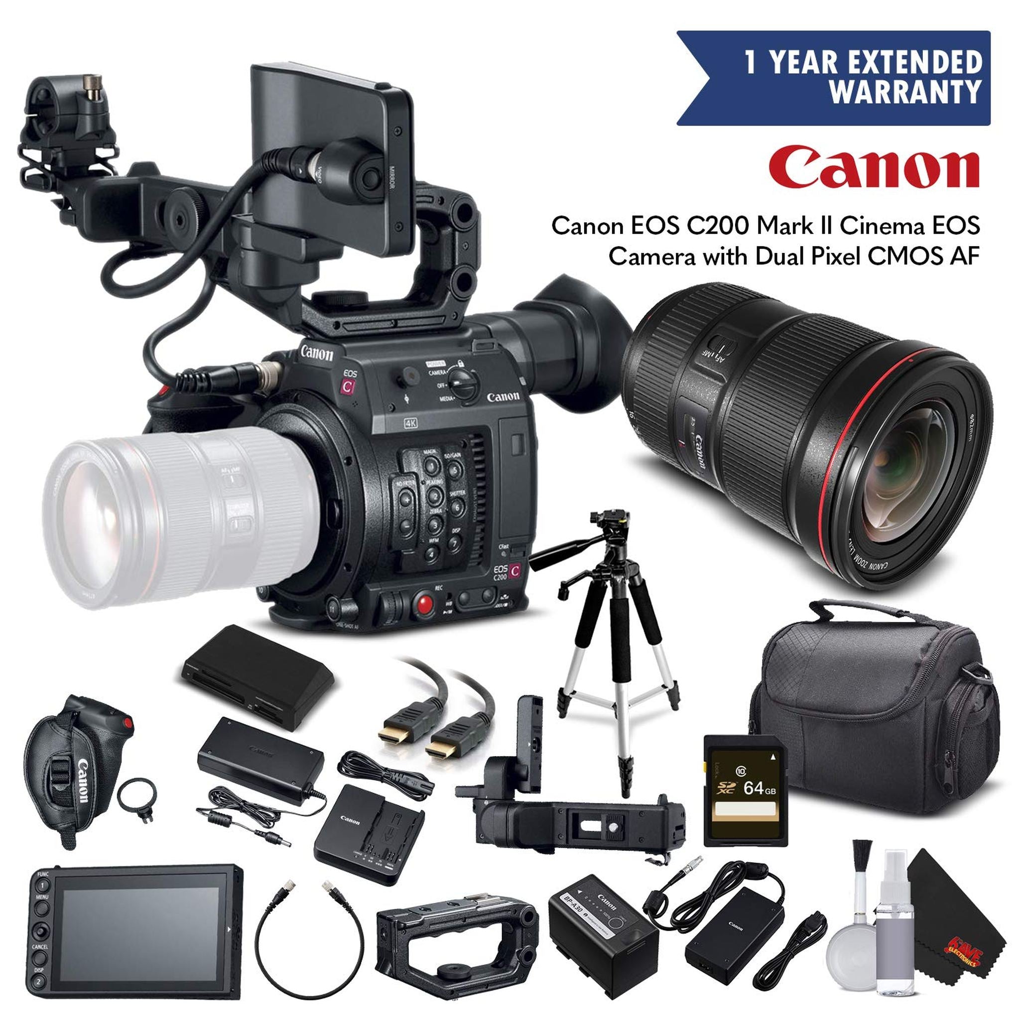 Canon EOS C200 Cinema Camera 2215C002 & 16-35mm f/2.8L II USM Lens with Memory Card, Case, Tripod, and Extended Warranty