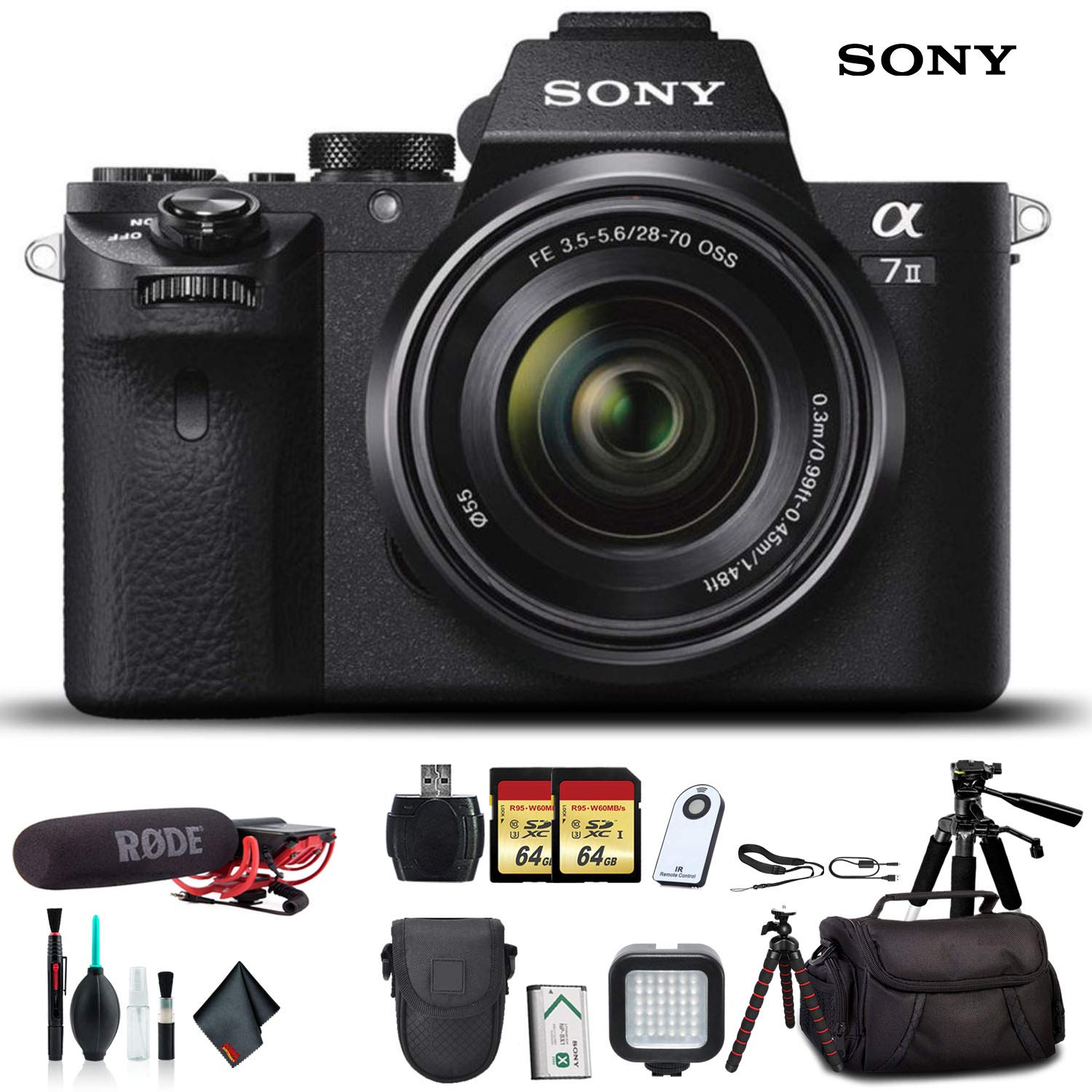 Sony Alpha a7 II Mirrorless Camera with FE 28-70mm f/3.5-5.6 OSS Lens With Soft Bag, 2x Extra Batteries, Rode Mic, LED Light, HD Monitor, 2x 64GB Memory Card, Sling Bag, , Plus Essential Accessories