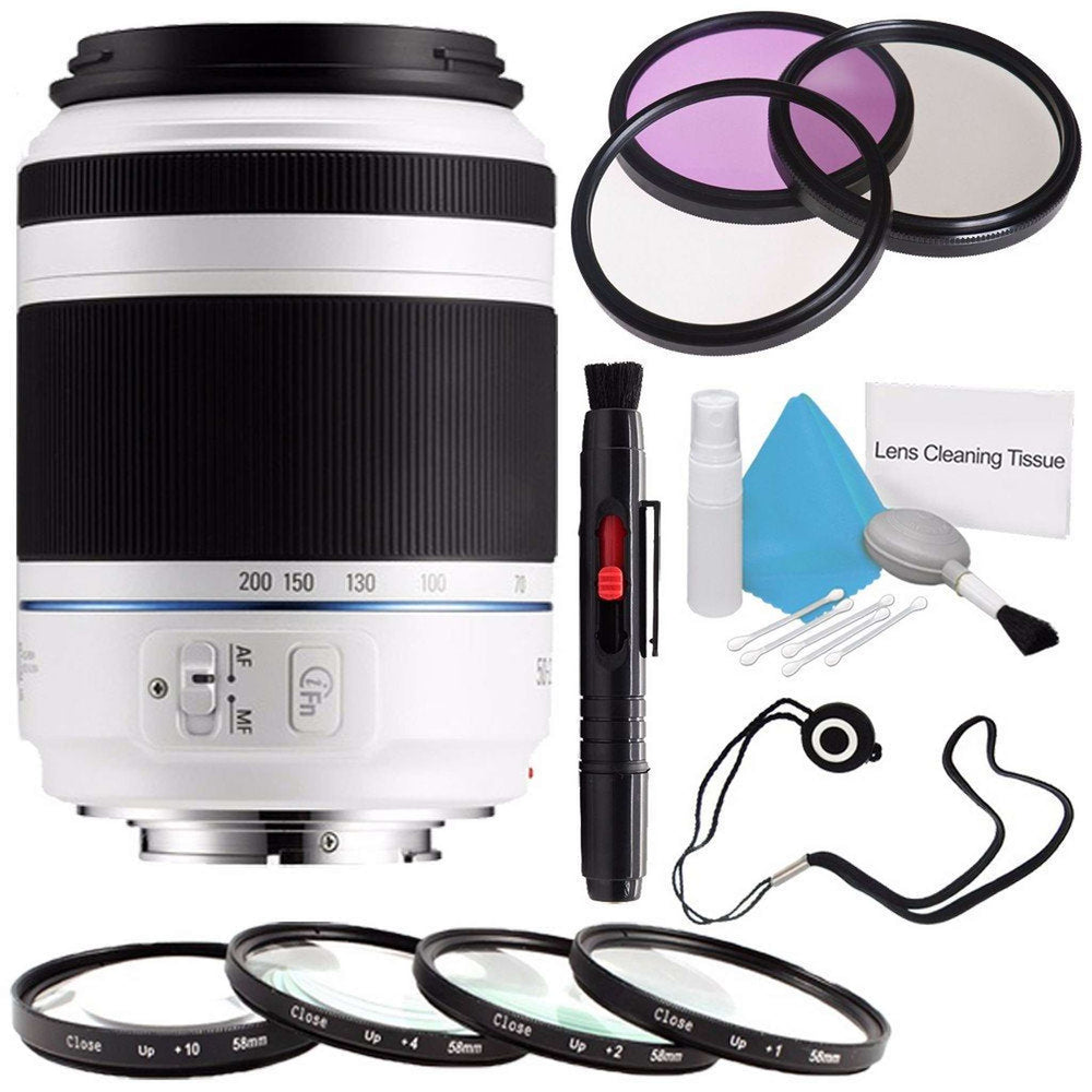 Samsung 50-200mm f/4.0-5.6 ED OIS Lens White EX-T50200CSWUS + 3 Piece Filter Kit + Macro Close Up Kit + Lens Cap Keepe