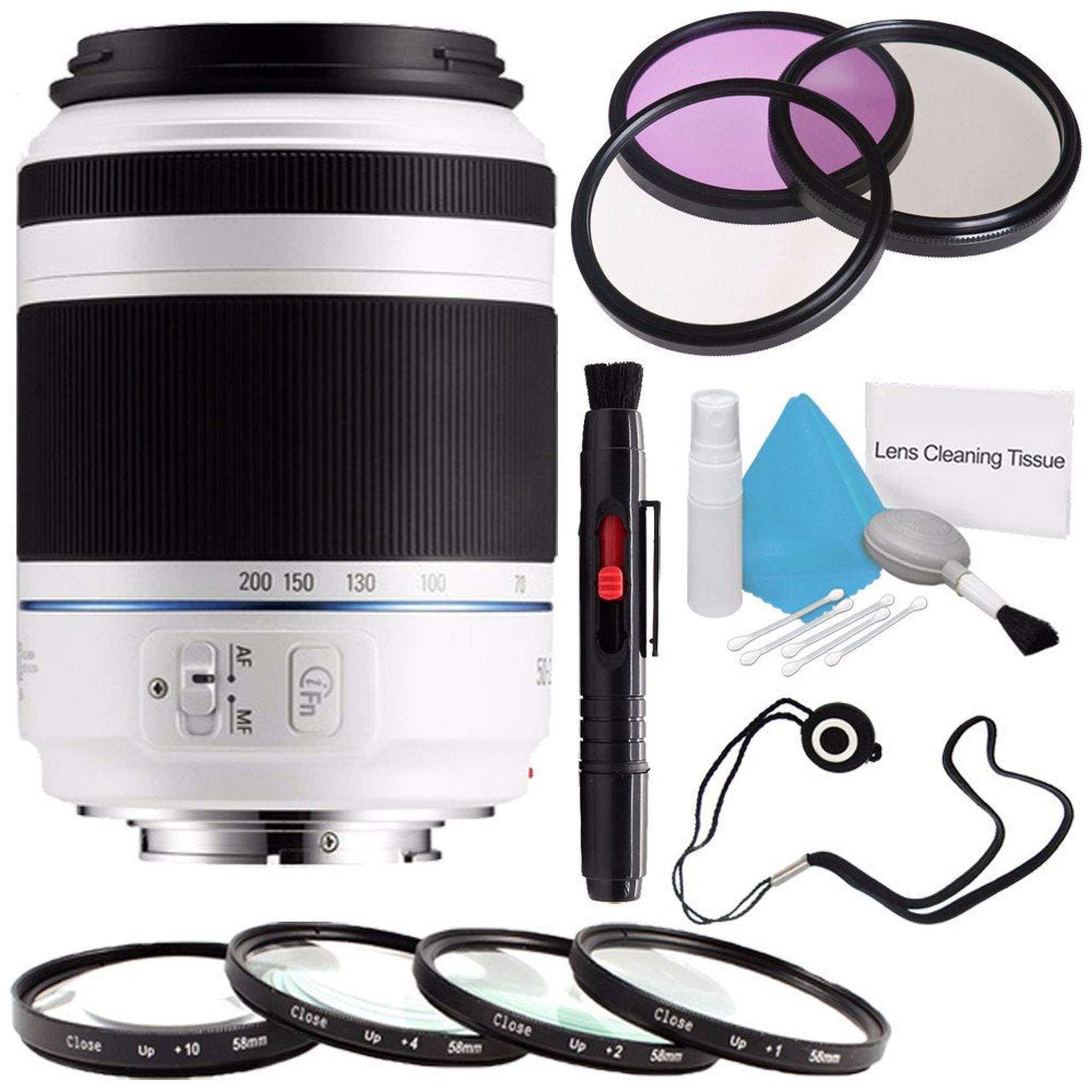 Samsung 50-200mm f/4.0-5.6 ED OIS Lens White EX-T50200CSWUS + 3 Piece Filter Kit + Macro Close Up Kit + Lens Cap Keepe