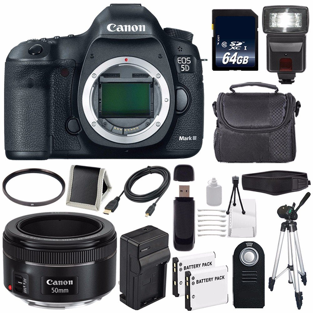 Canon EOD 5D III Digital Camera International Model + Canon EF 50mm f/1.8 STM Lens + LP-E6 Battery + 64GB Memory Card Storage Bundle