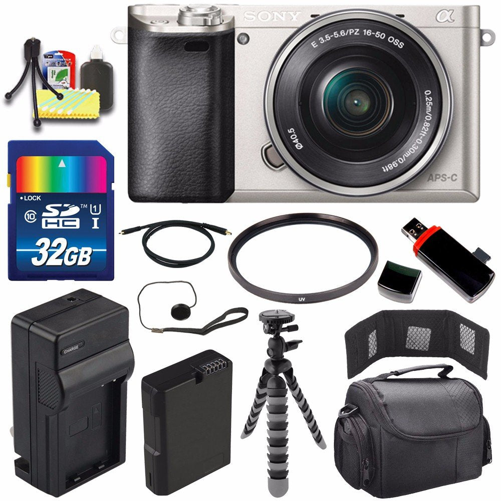Sony Alpha a6000 Mirrorless Digital Camera with 16-50mm Lens (Silver) + Battery + Charger + 32GB Bundle 2 - Internationa