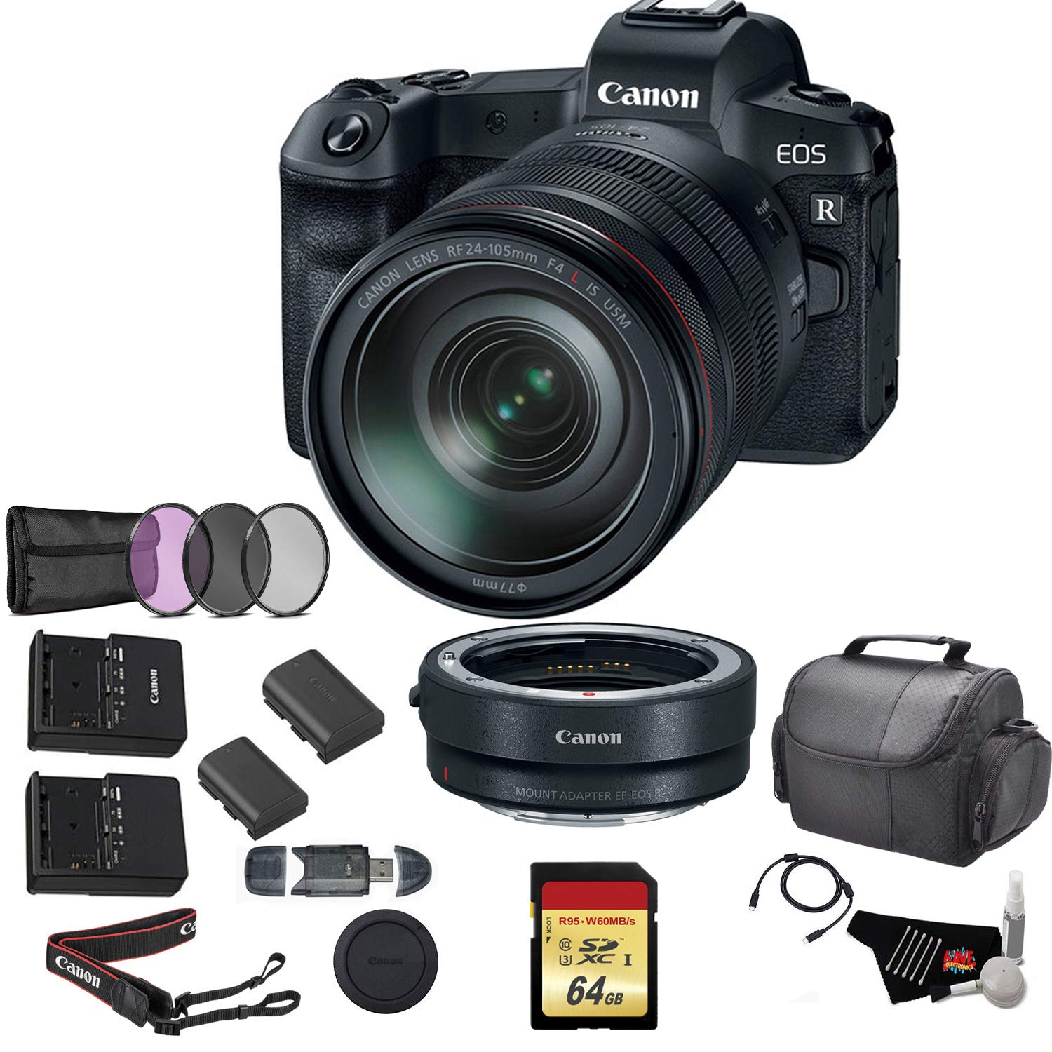 Canon EOS R Mirrorless Digital Camera with 24-105mm Lens Bundle with Canon Mount Adapter + 64GB Memory Card + Replacement Battery + UV Filter Kit and More