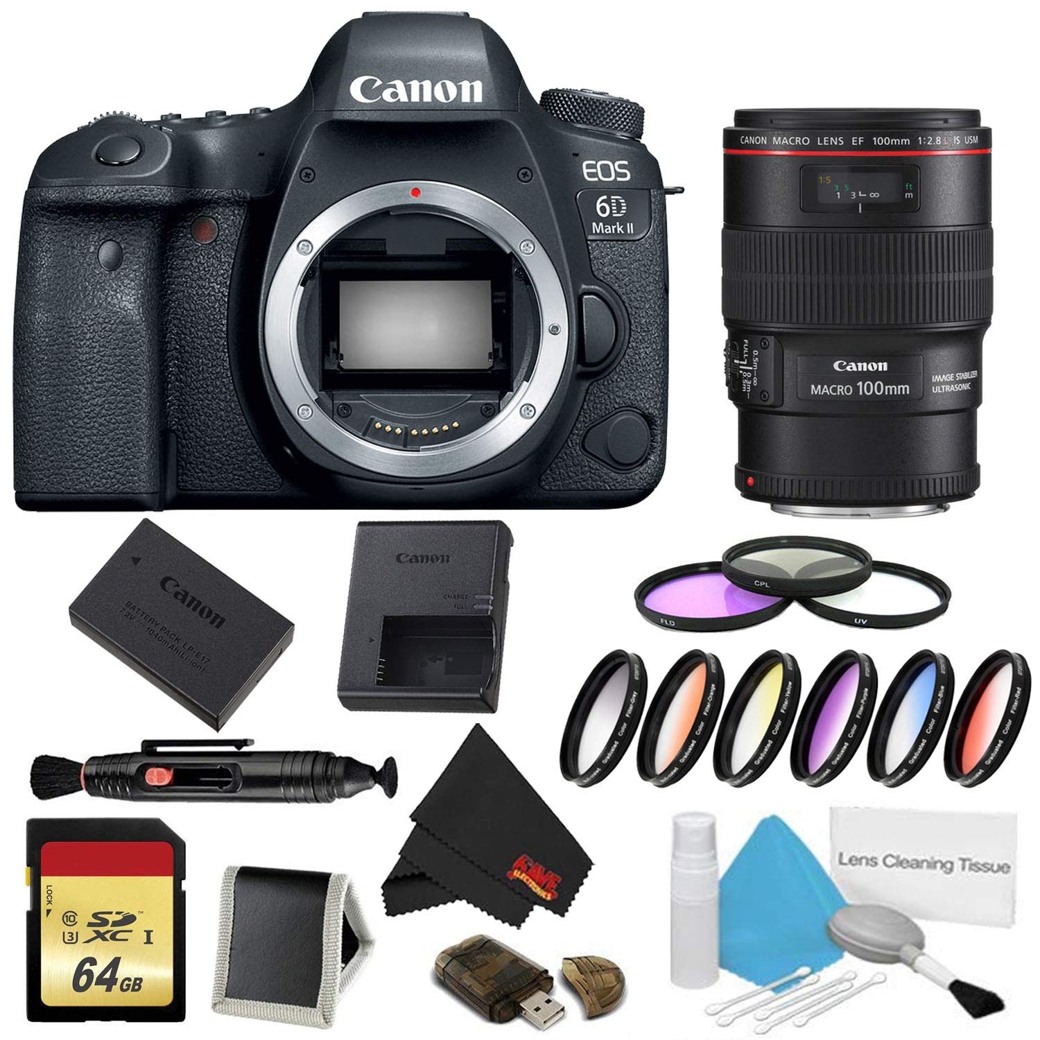 Canon EOS 6D Mark II DSLR Camera (Body Only) 9 Piece Filter w/Memory Bundle + EF 100mm f/2.8L Macro is USM Lens - Intern