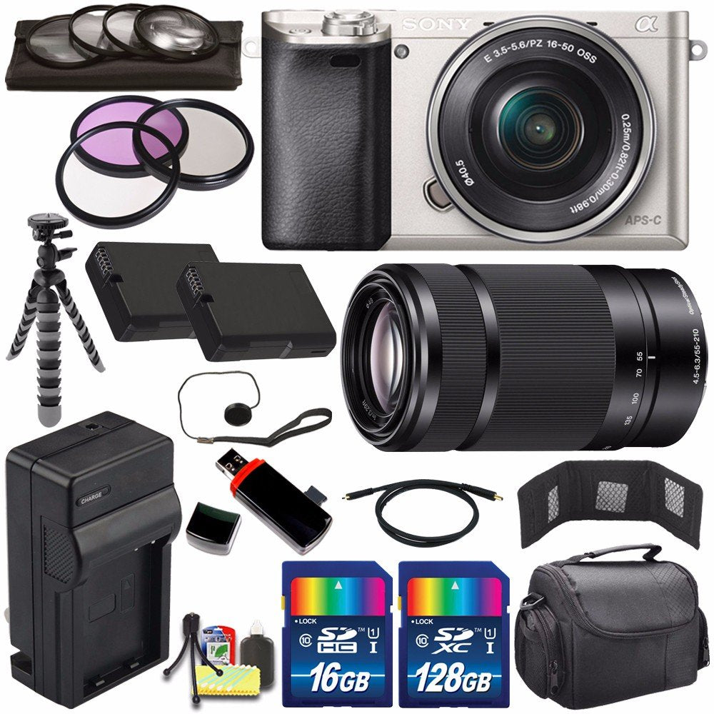 Sony Alpha a6000 Mirrorless Digital Camera with 16-50mm Lens (Silver) + Sony E 55-210mm f/4.5-6.3 OSS E-Mount Lens 144GB Bundle