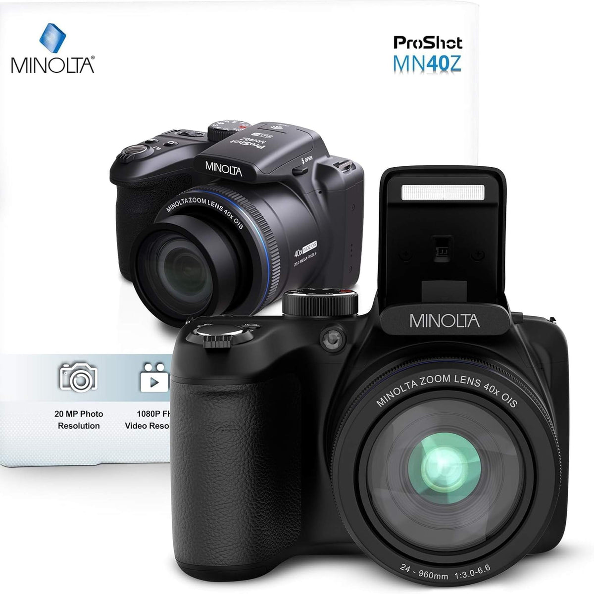 Minolta 20 Mega Pixels 40x Optical Zoom Digital Camera with 1080p FHD Video, Black