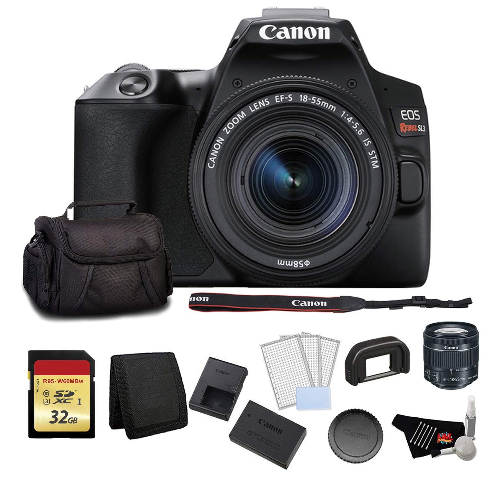 Canon EOS Rebel SL3 DSLR Camera with 18-55mm Lens Black Bundle with 32GB Memory Card +LCD Screen Protectors and More - Used Canon