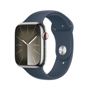 Apple Watch Series 9 GPS + Cellular 45mm Smartwatch with Silver Stainless Steel Case with Storm Blue Sport Band M/L.