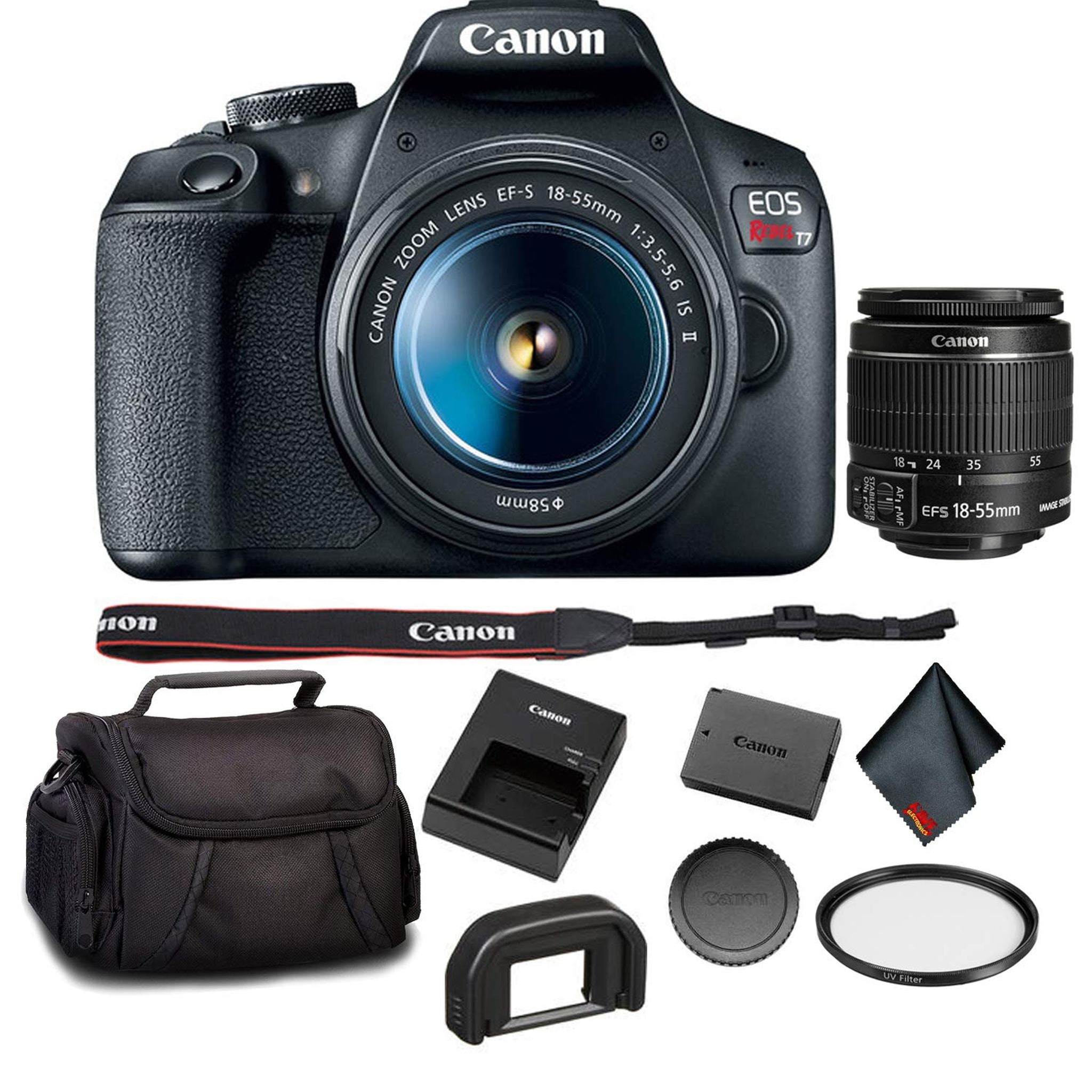 Canon EOS Rebel T7 DSLR Camera with Canon 18-55mm Lens Bundle with UV Filter + Carrying Case and More - Used Canon