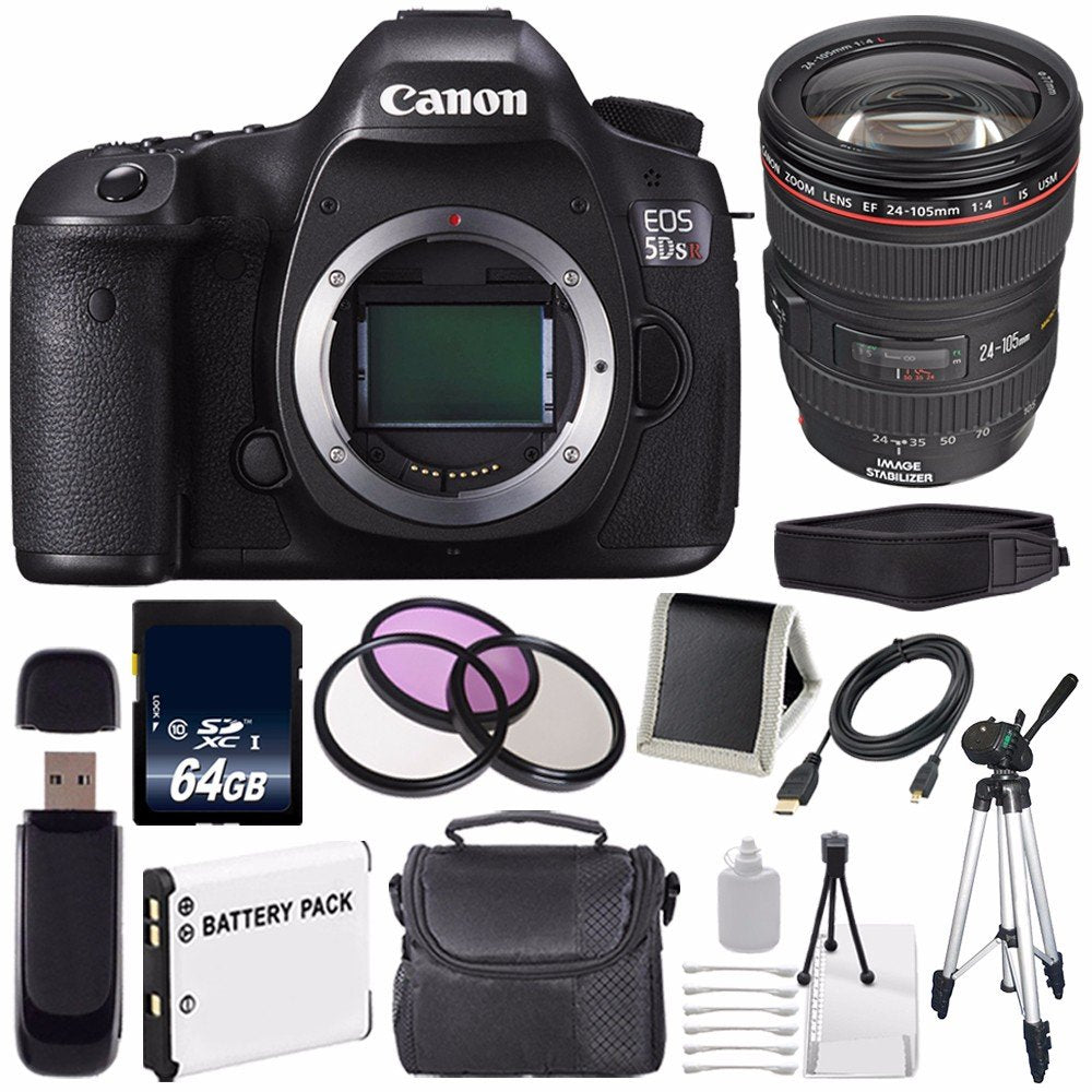 Canon EOS 5DS R DSLR Camera (International Model) 0582C002 + Canon EF 24-105mm f/4L is USM Lens + LP-E6 Battery + 64GB Card Ultimate Bundle