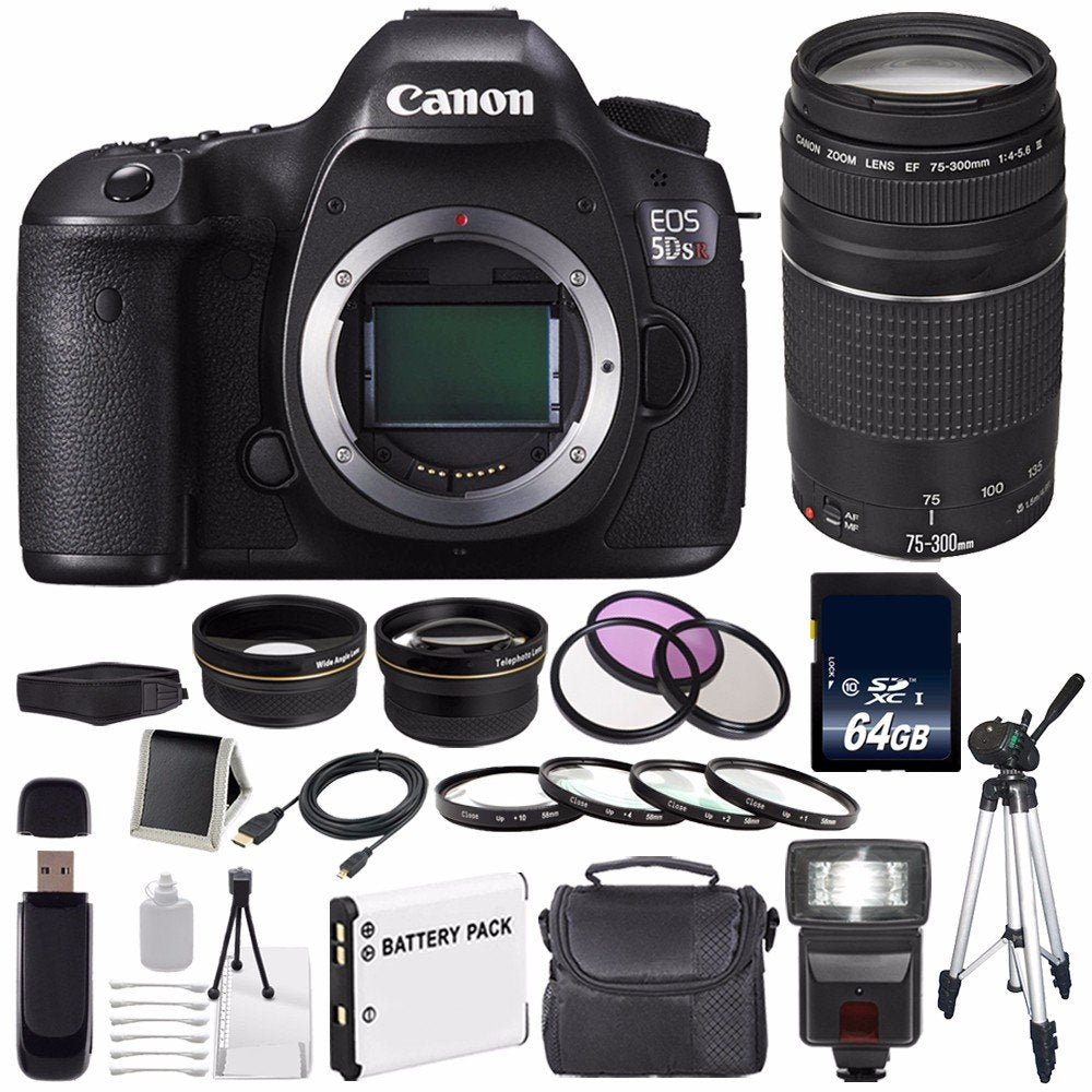 Canon EOS 5DS R DSLR Camera (International Model) 0582C002 + Canon EF 75-300 III+ LP-E6 Replacement Battery + 64GB SDXC Pro Bundle