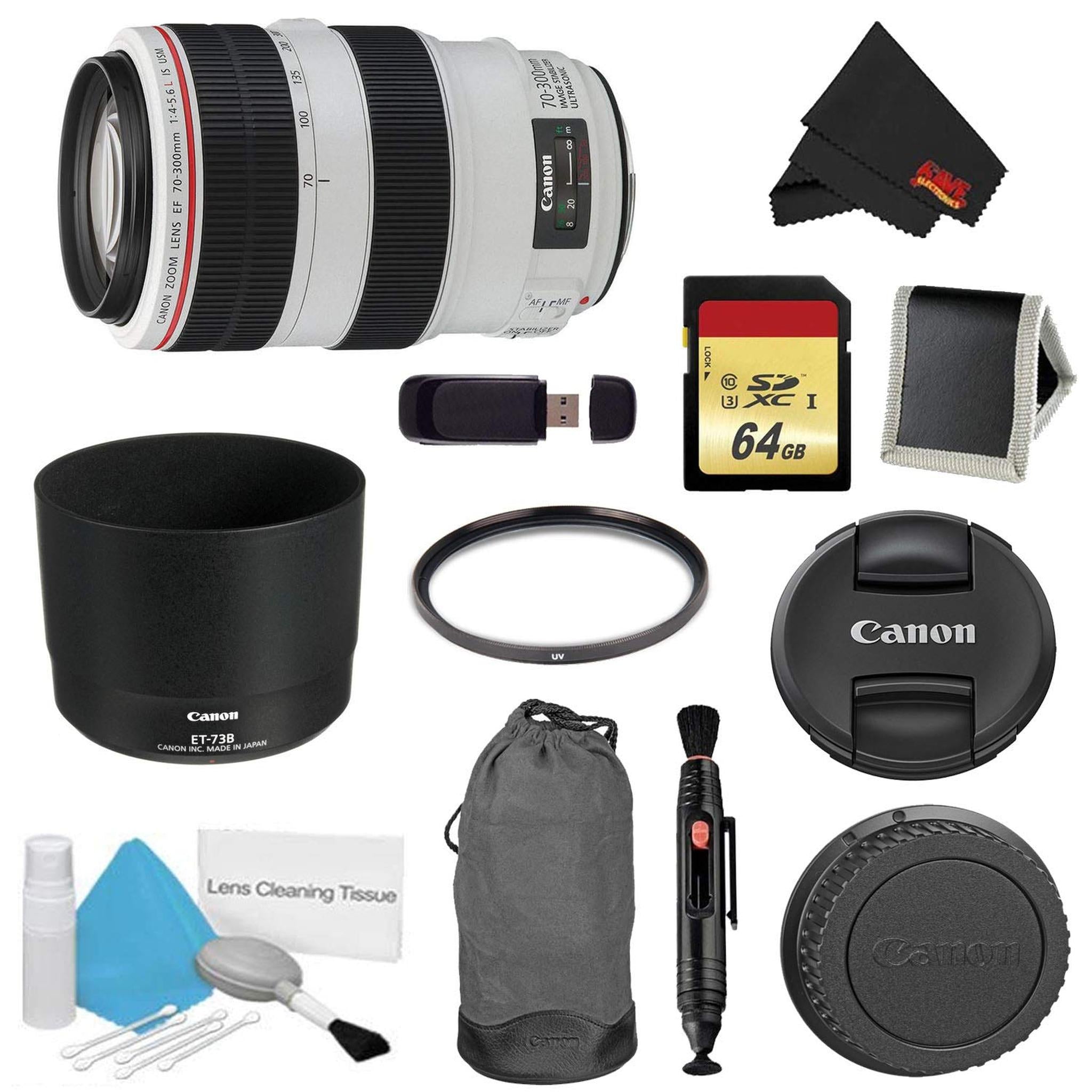 Canon EF 70-300mm f/4-5.6L is USM Lens Bundle w/ 64GB Memory Card + Accessories UV Filter International Model - Used Canon