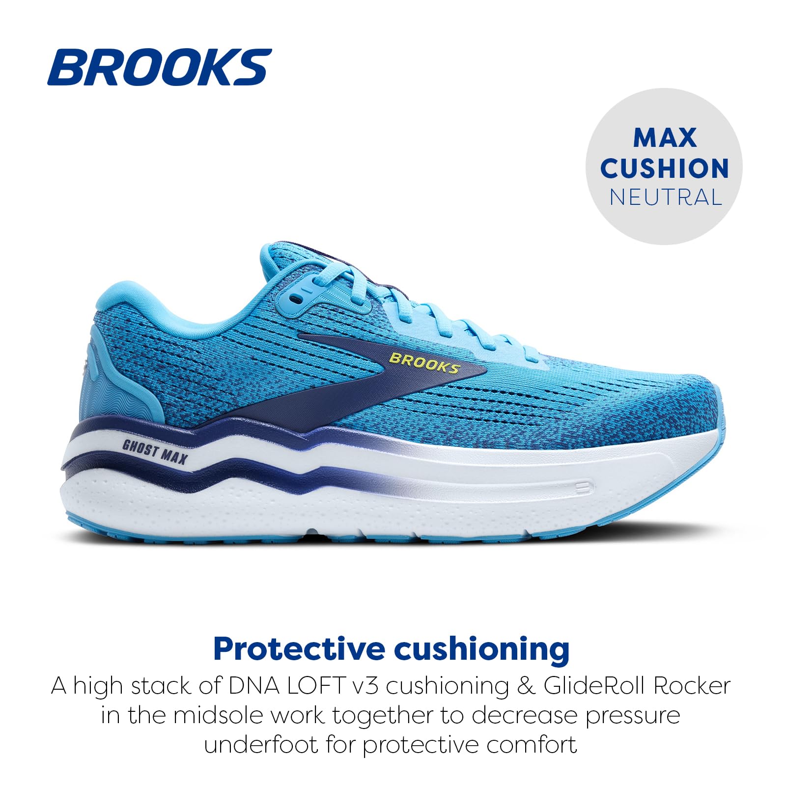 Brooks Men’s Ghost Max 2 Neutral Running & Walking Shoe - Bonnie Blue/Blue Ribbon/Yellow - 8.5 Medium