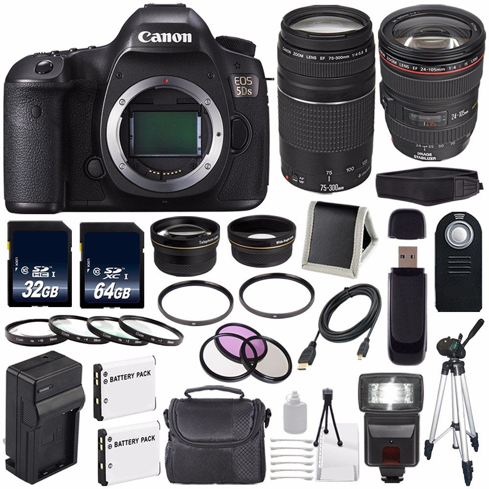 Canon EOS 5DS DSLR Camera (International Model) 0581C002 + Canon EF 24-105mm f/4L is USM Lens + Canon EF 75-300 III+ LP-