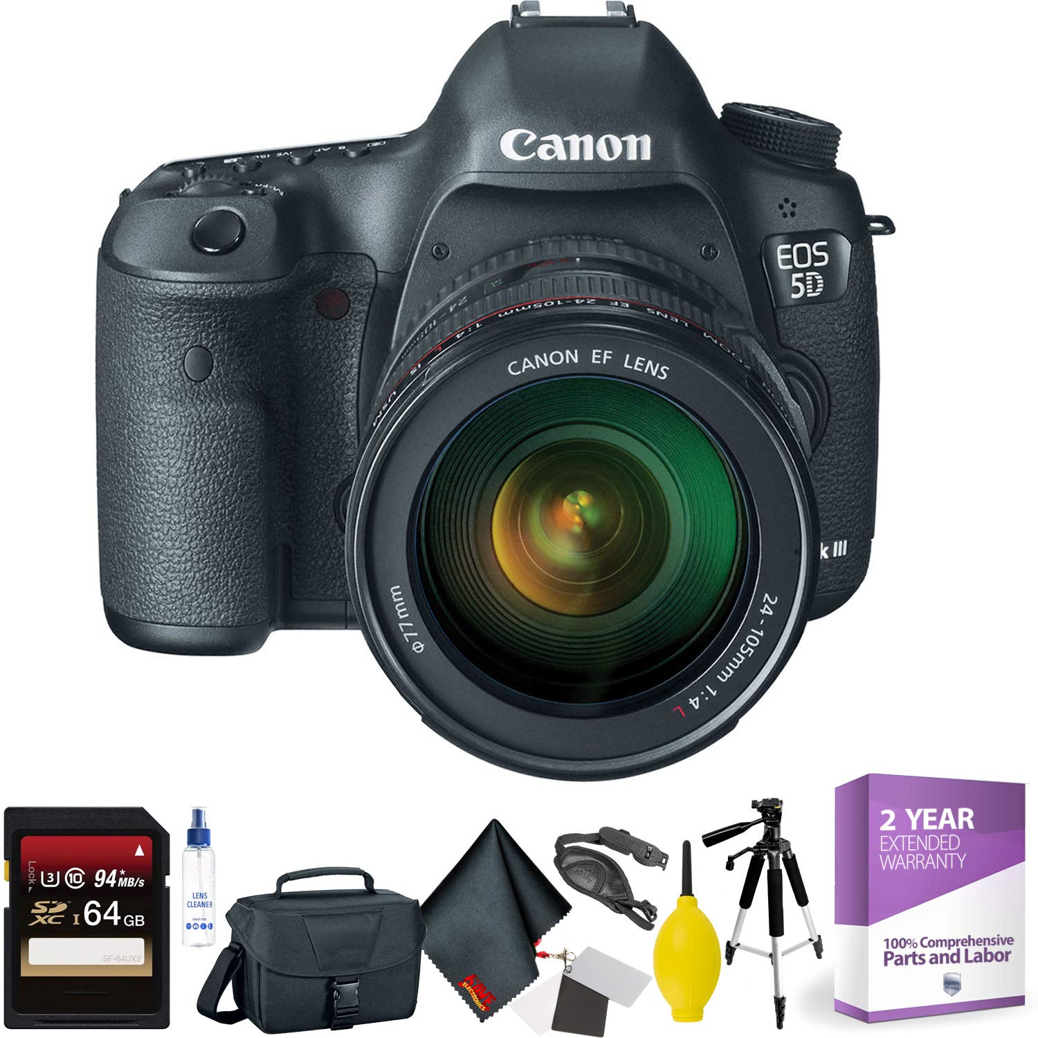 Canon EOS 5D Mark III DSLR Camera with 24-105mm Lens + 64GB Memory Card + Mega Accessory Kit + 1 Year Warranty Bundle