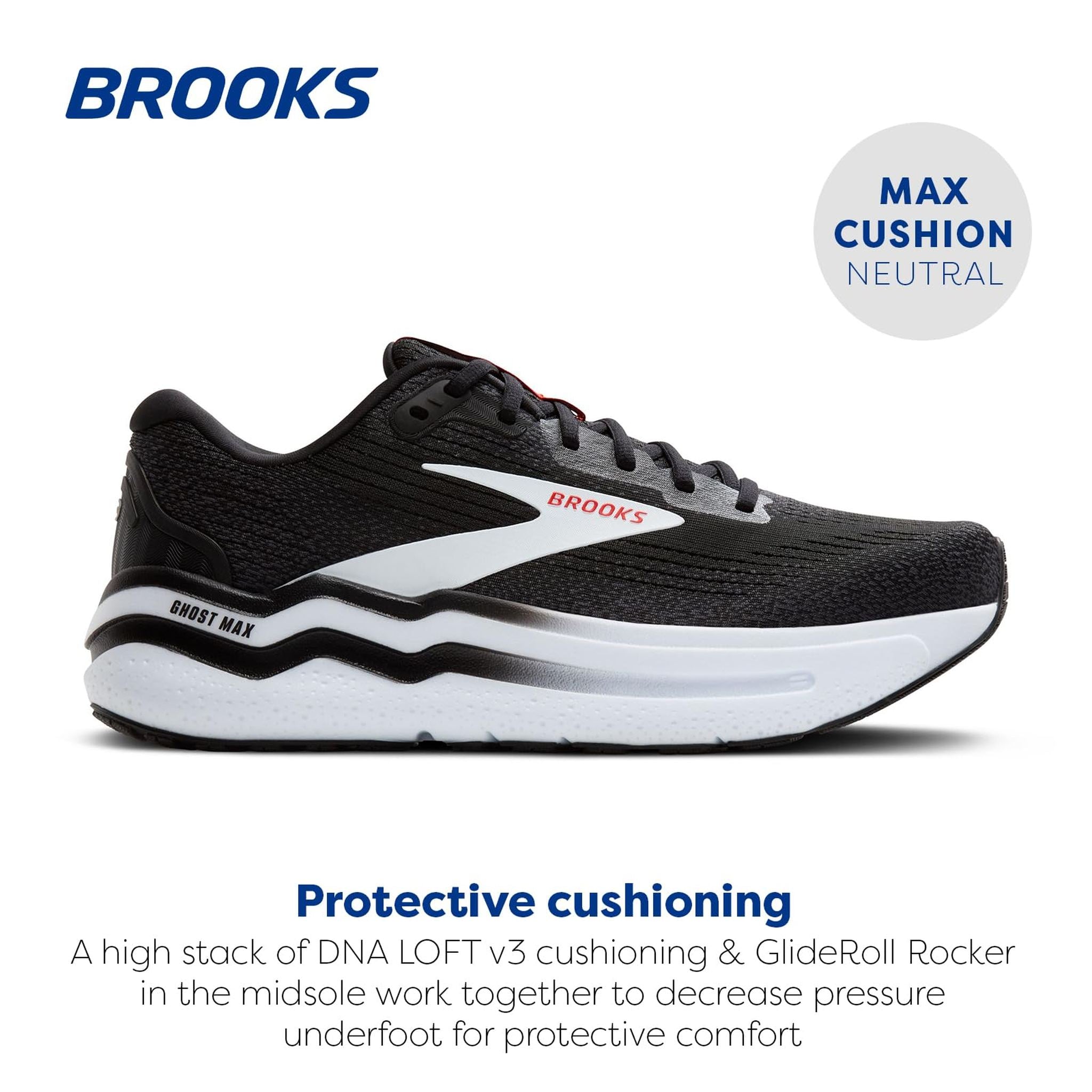 Brooks Men’s Ghost Max 2 Neutral Running & Walking Shoe - Black/White/Fiery Red - 10.5 Medium