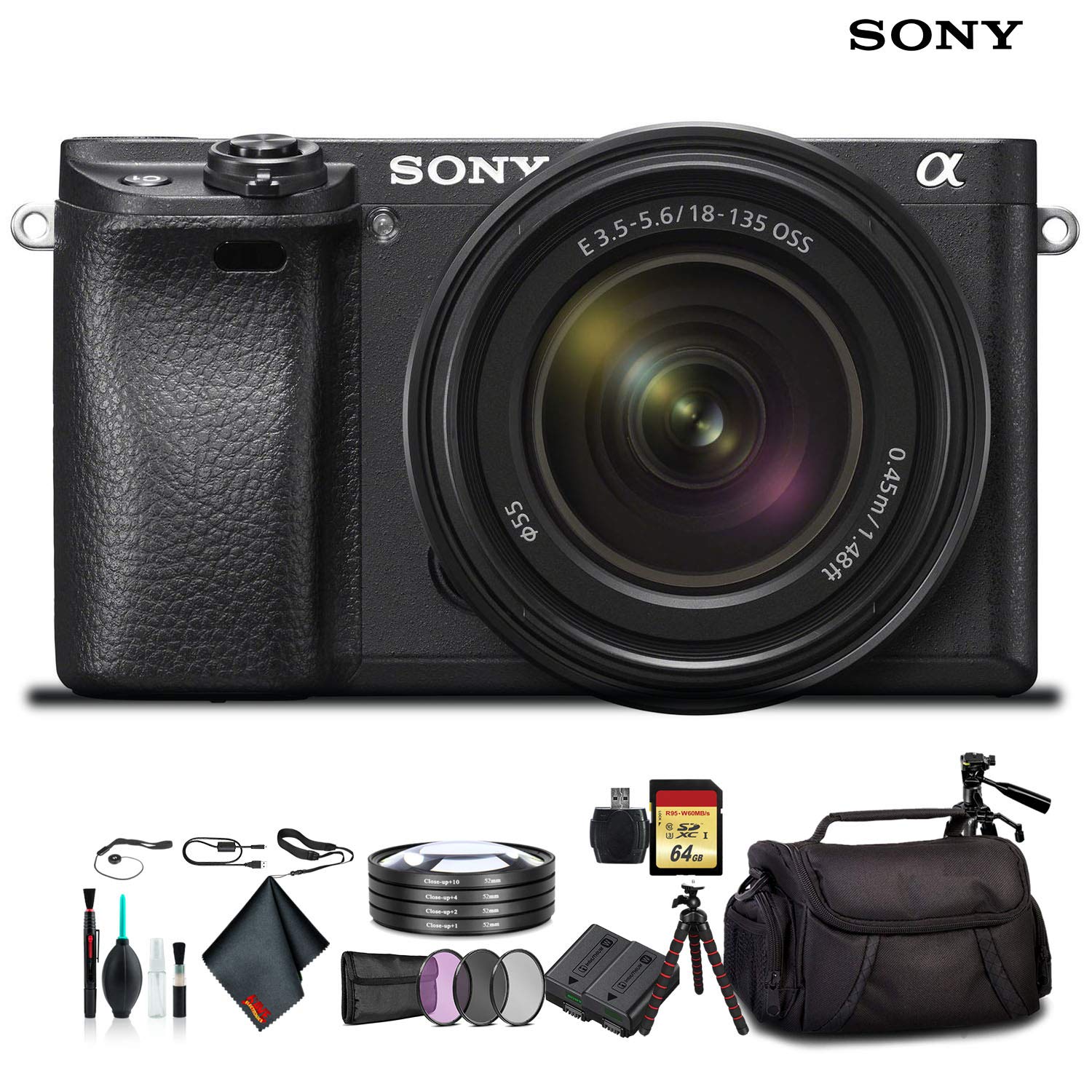 Sony Alpha a6300 Mirrorless Camera with 18-135mm Lens Black ILCE-6300M/B With Soft Bag, Lens Filters, Tripod, Additional Battery, 64GB Memory Card, Card Reader , Plus Essential Accessories