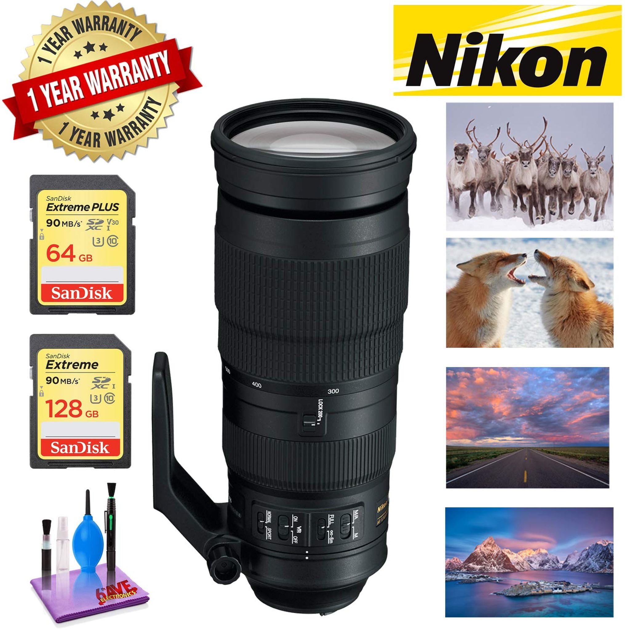 Nikon AF-S NIKKOR 200-500mm f/5.6E ED VR Lens with 1 Year Warranty Sandisk 64GB and 128GB Extreme Memory Card SDXCUHS-I Nikon