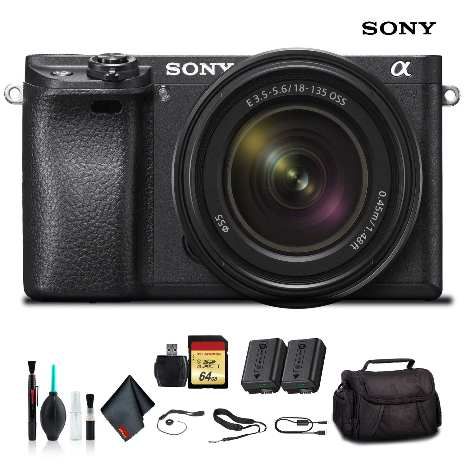 Sony Alpha a6300 Mirrorless Camera with 18-135mm Lens Black ILCE-6300M/B With Soft Bag, Additional Battery, 64GB Memory Card, Card Reader , Plus Essential Accessories