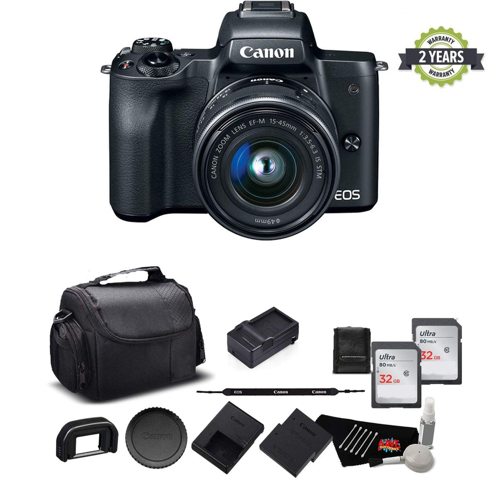 Canon EOS M50 Mirrorless Digital Camera with 15-45mm Lens and 4K Video 2680C011 Bundle - International Model w/ 2 Year S Canon