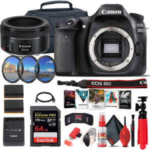 Canon EOS 80D DSLR Camera Body Only 1263C004 + EF 50mm Lens + 64GB Advanced Bundle
