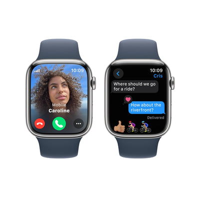 Apple Watch Series 9 GPS + Cellular 45mm Smartwatch with Silver Stainless Steel Case with Storm Blue Sport Band M/L.