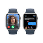 Apple Watch Series 9 GPS + Cellular 45mm Smartwatch with Silver Stainless Steel Case with Storm Blue Sport Band M/L.