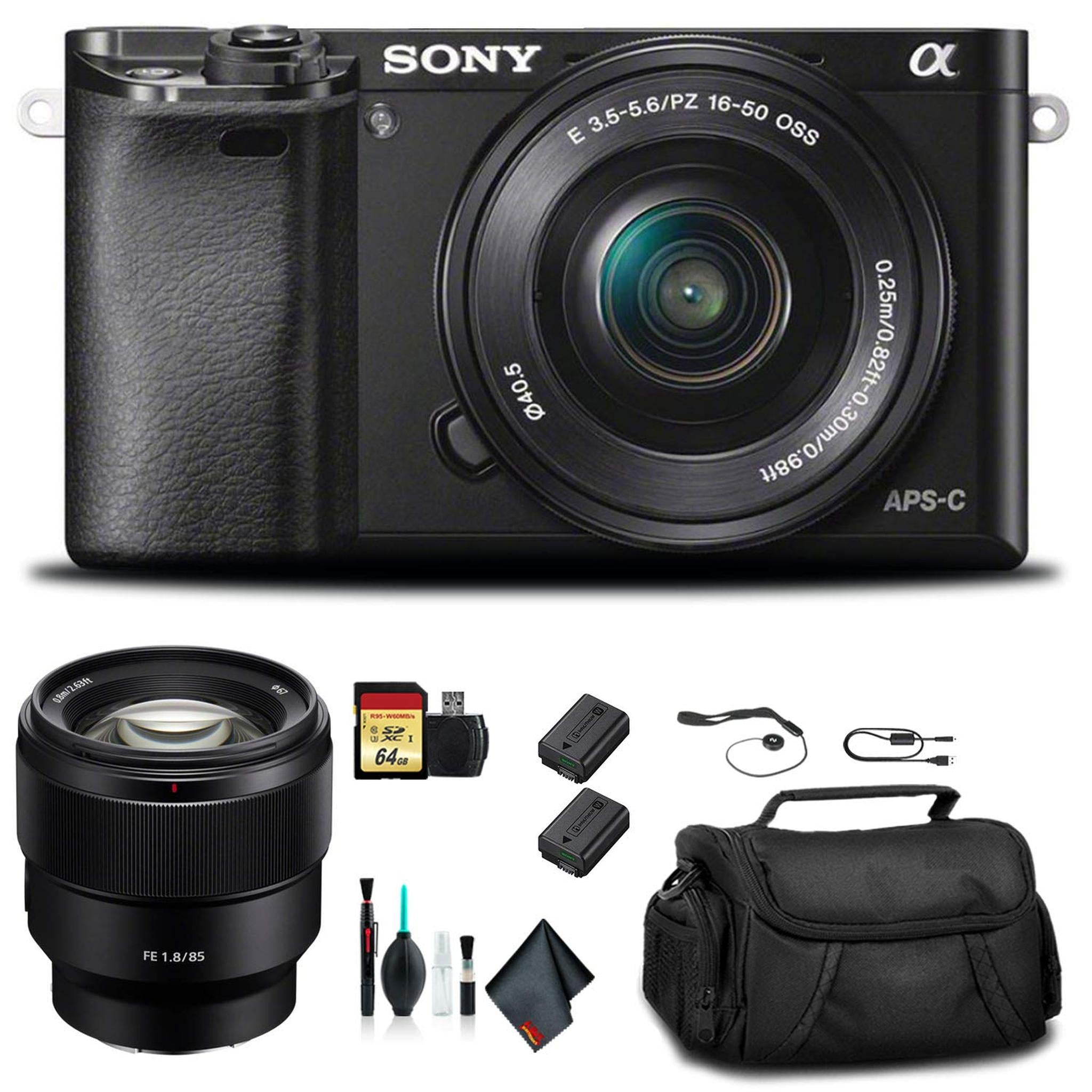 Sony Alpha a6000 Mirrorless Camera with 16-50mm and 55-210mm Lenses ILCE6000Y/B with Sony FE 85mm Lens, Soft Bag, Additi - Used Sony