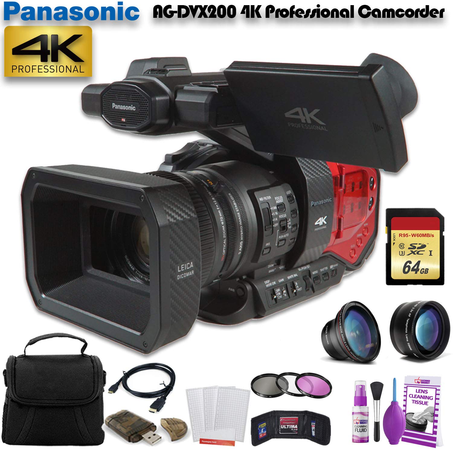 Panasonic AG-DVX200 4K Professional Camcorder AG-DVX200PJ8 W/ 64GB Memory Card, Bag, lens Filters, Cleaning Kit, and More