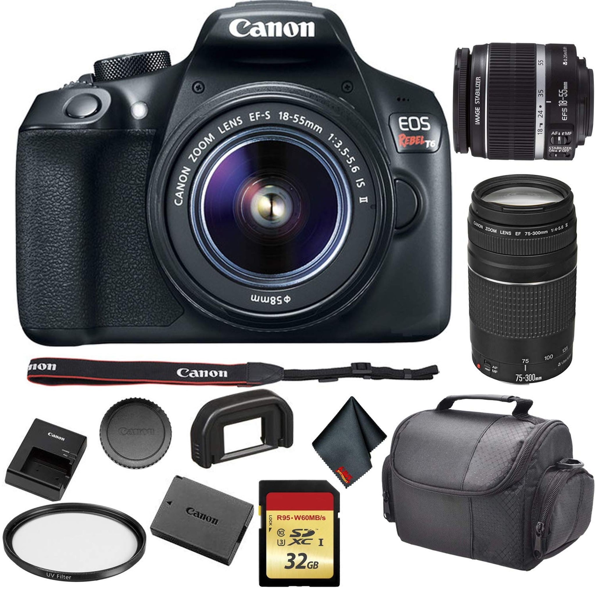 Canon EOS Rebel T6 DSLR Camera with 18-55mm Lens 1159C003 Bundle with Canon EF 75-300mm f/4-5.6 III Lens + 32GB Memory C - Used Canon