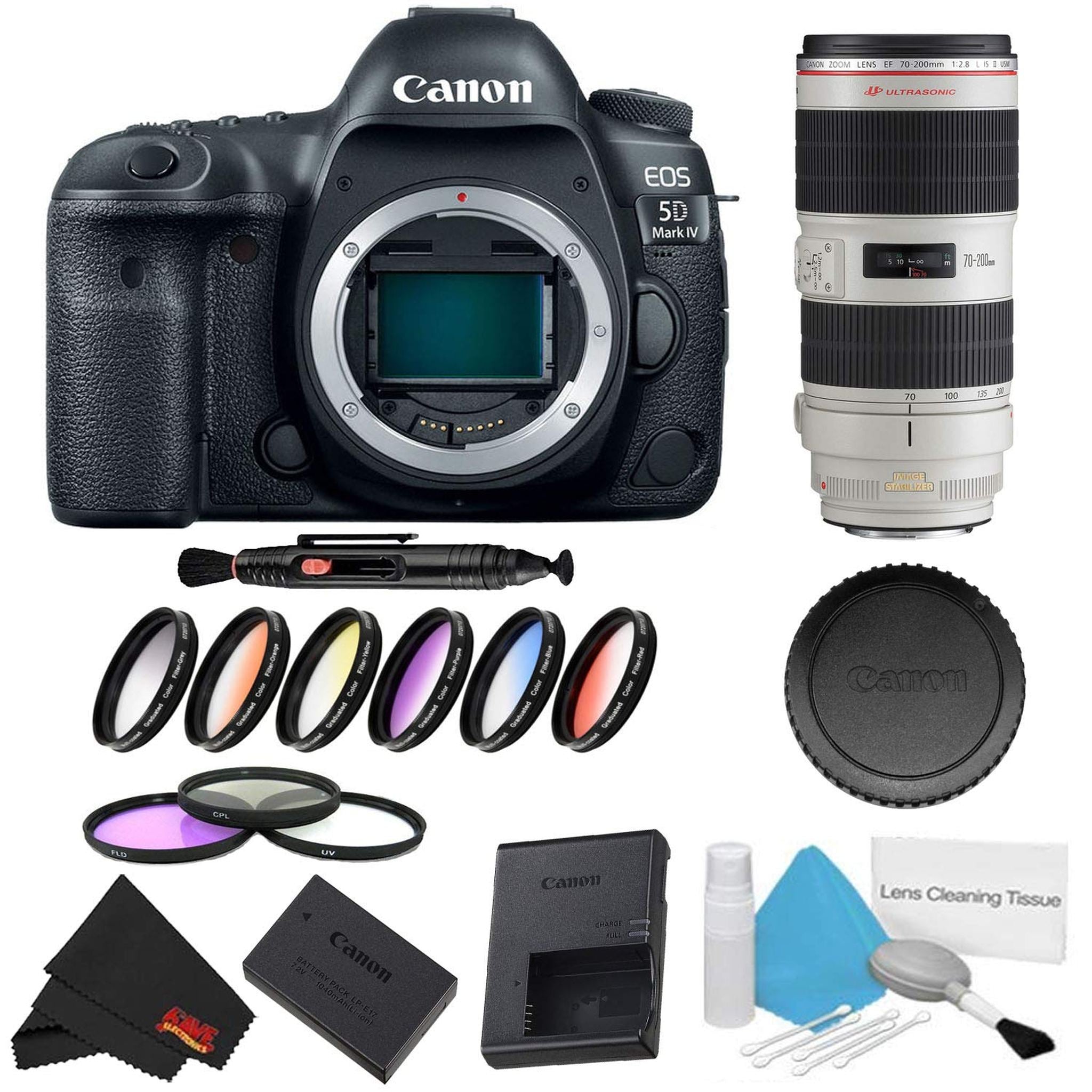 Canon EOS 5D Mark IV DSLR Camera Body Only 9 Piece Filter Kit w/ 70-200mm 2.8L USM is II Lens - International Model
