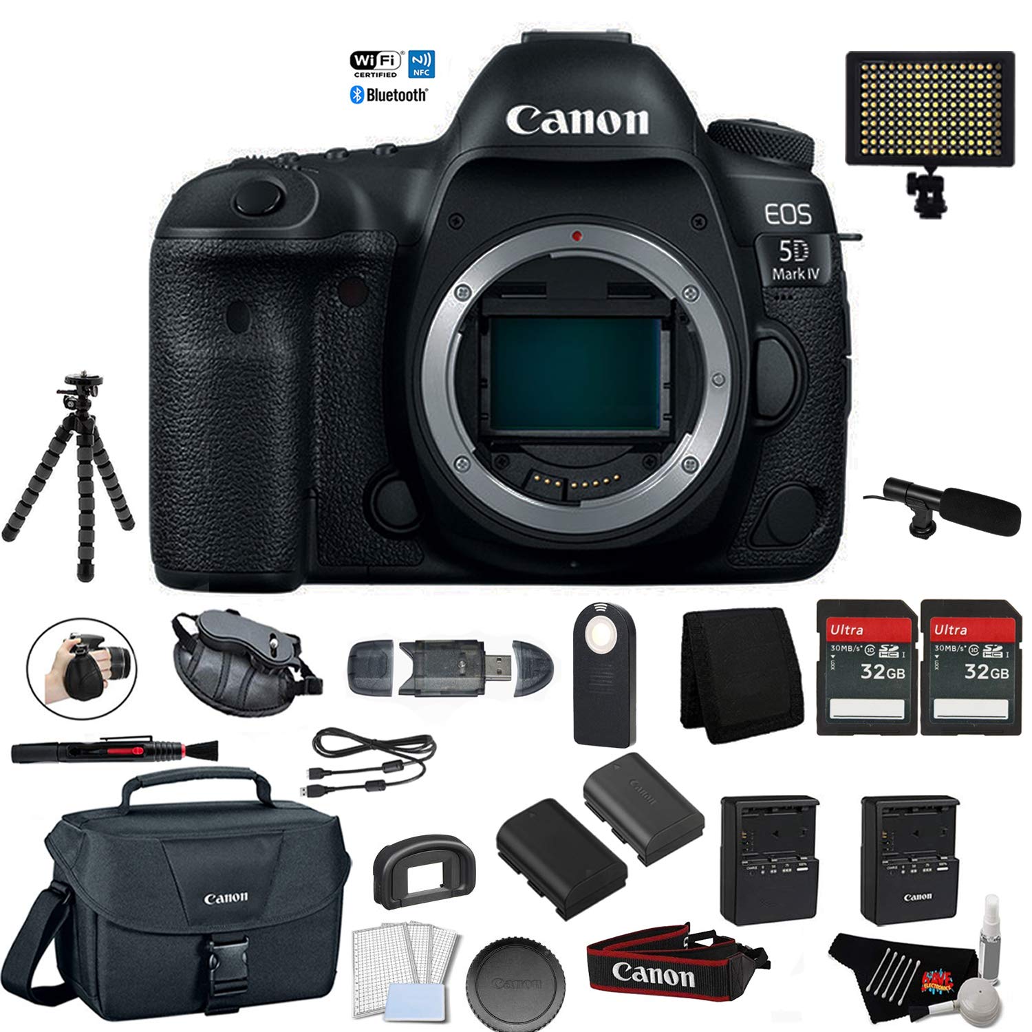 Canon EOS 5D Mark IV Full Frame Digital SLR Camera Body - Bundle with Microphone + Screen Protectors + LED Light + 2X 32