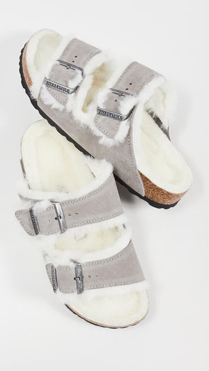 Birkenstock Women's Arizona Shearling Sandals, Stone Coin/Natural, Grey, 6 Narrow US