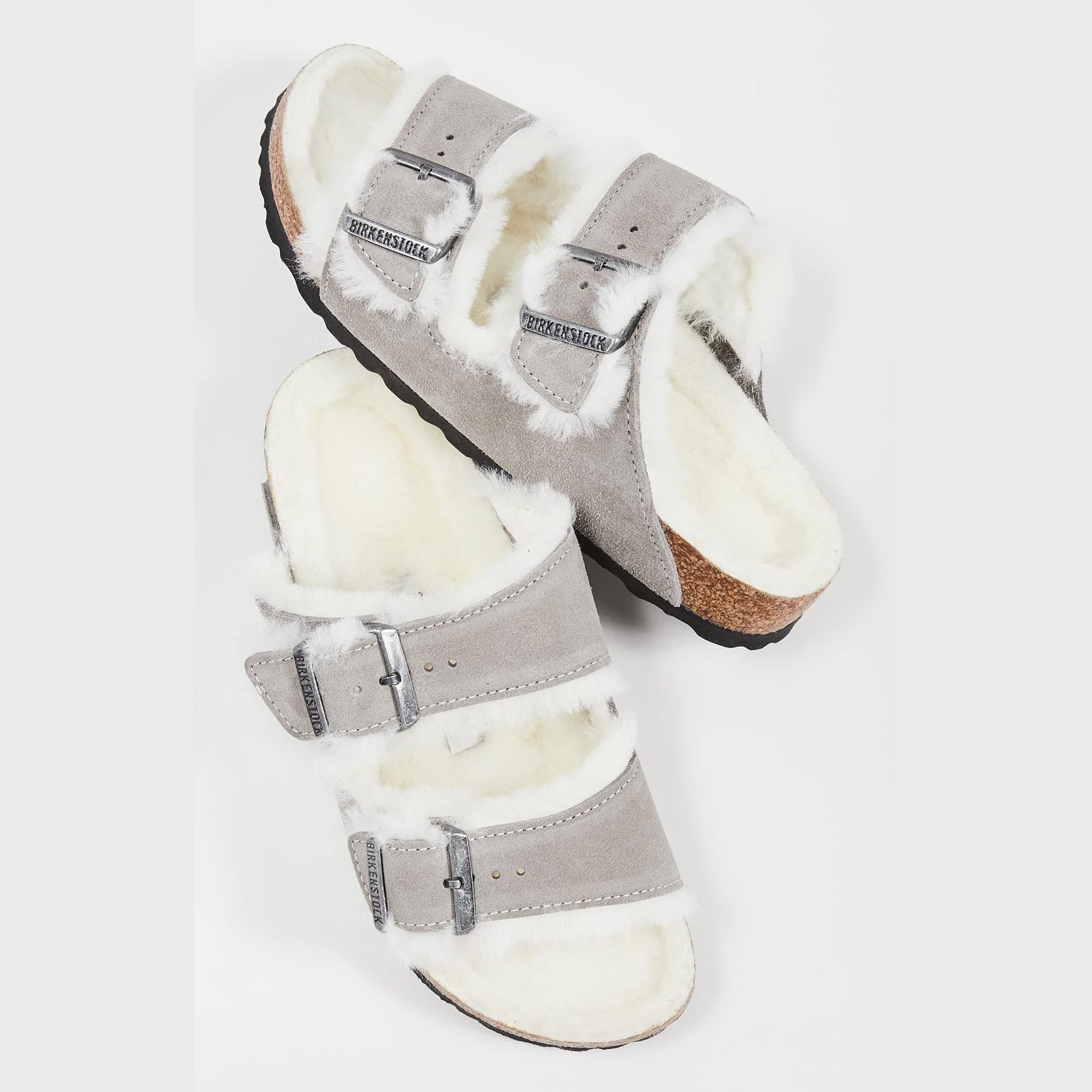 Birkenstock Women's Arizona Shearling Sandals, Stone Coin/Natural, Grey, 7 Narrow US