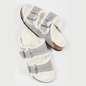 Birkenstock Women's Arizona Shearling Sandals, Stone Coin/Natural, Grey, 7 Narrow US