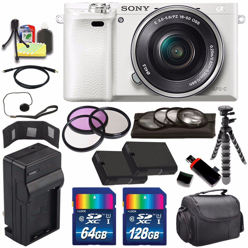 Sony Alpha a6000 Mirrorless Digital Camera with 16-50mm Lens (White) + Battery + Charger + 196GB Bundle 9 - Internationa
