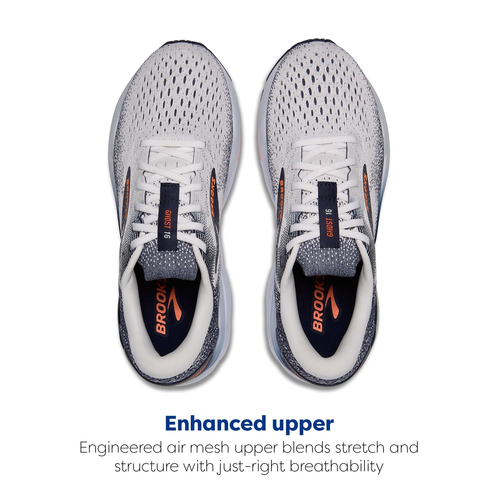 Brooks Men’s Ghost 16 Neutral Running Shoe - White/Peacoat/Orange - 8 Medium