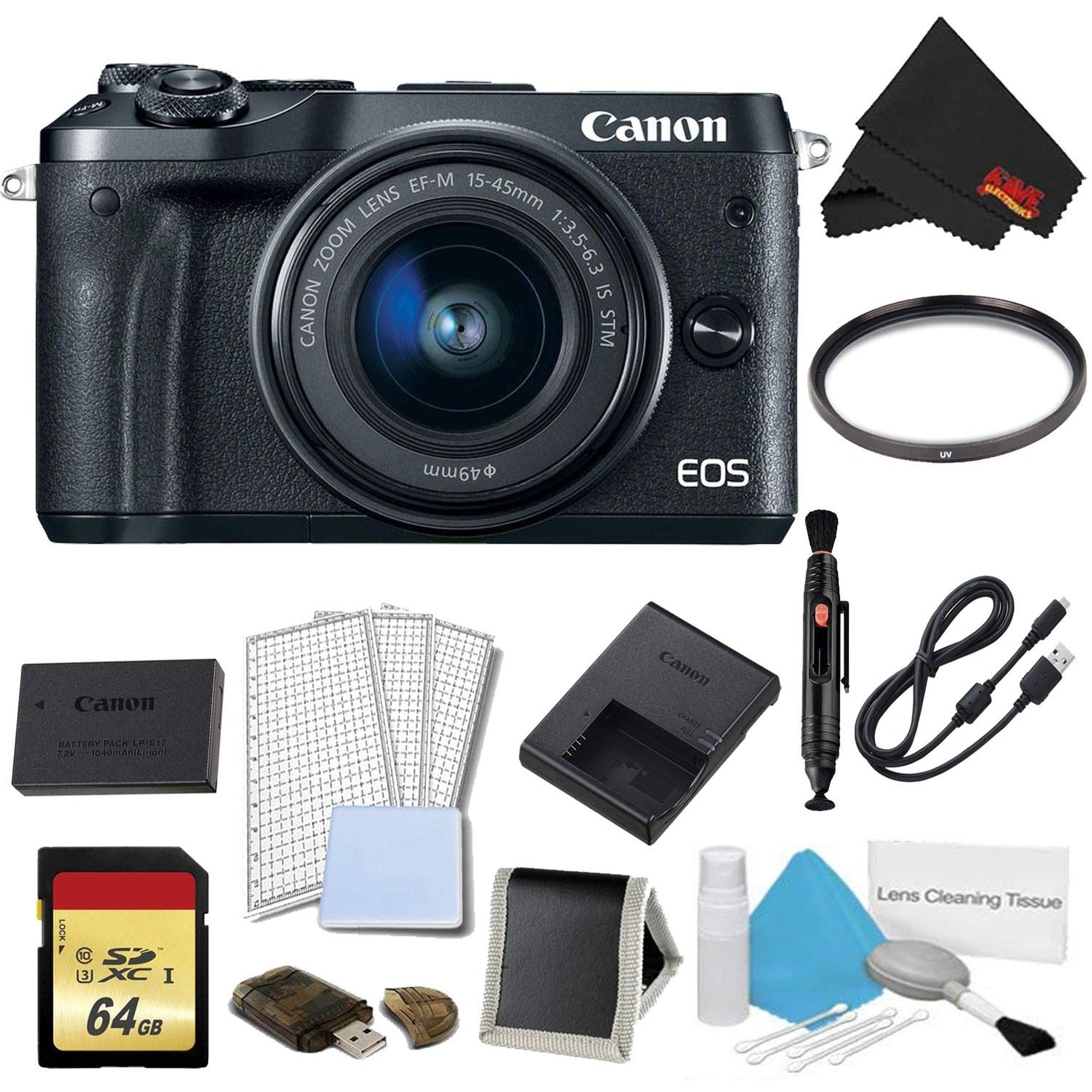 Canon EOS M6 Mirrorless Digital Camera with 15-45mm Lens Black Plus Bundle - International Model Canon