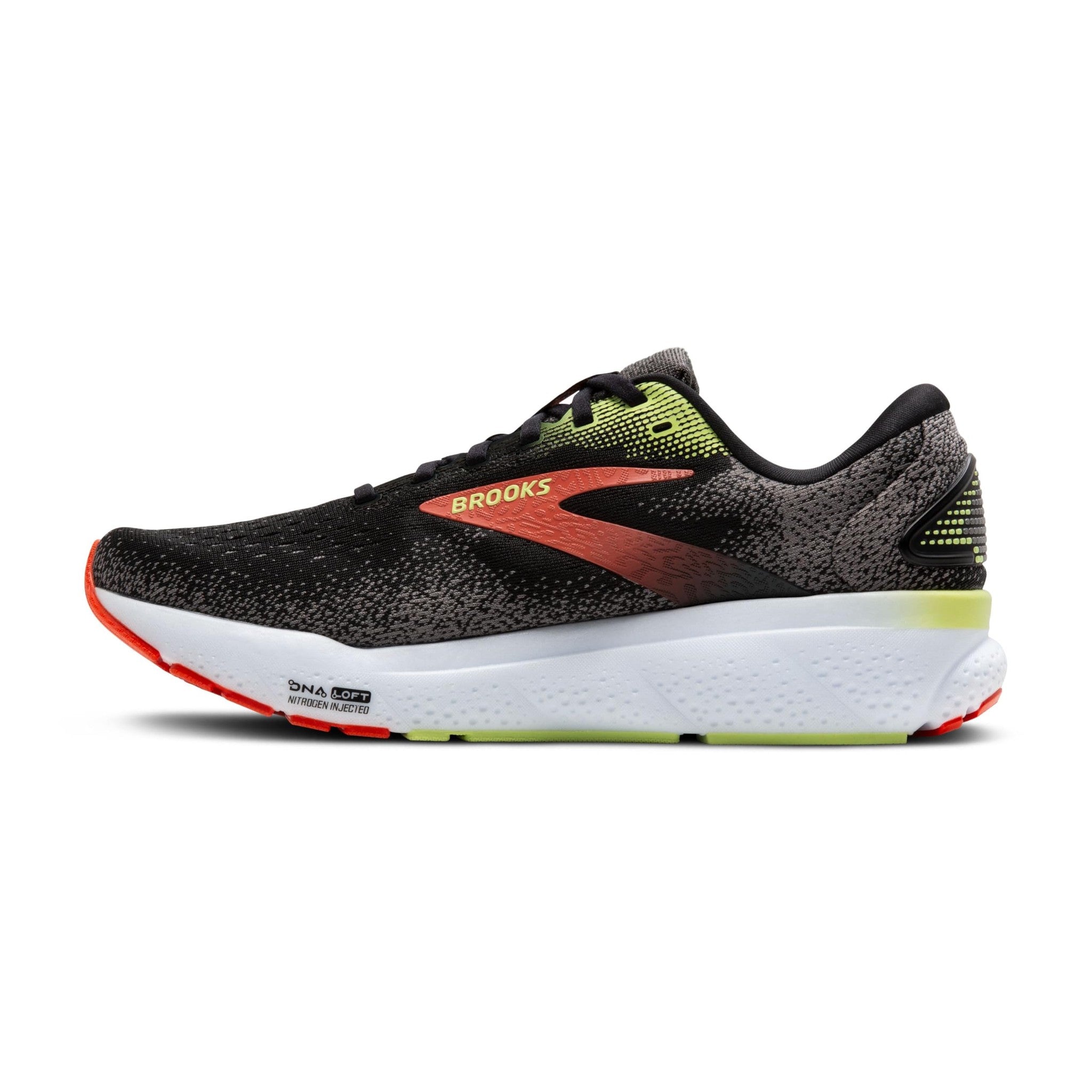 Brooks Men’s Ghost 16 Neutral Running Shoe - Black/Mandarin Red/Green - 7.5 Medium