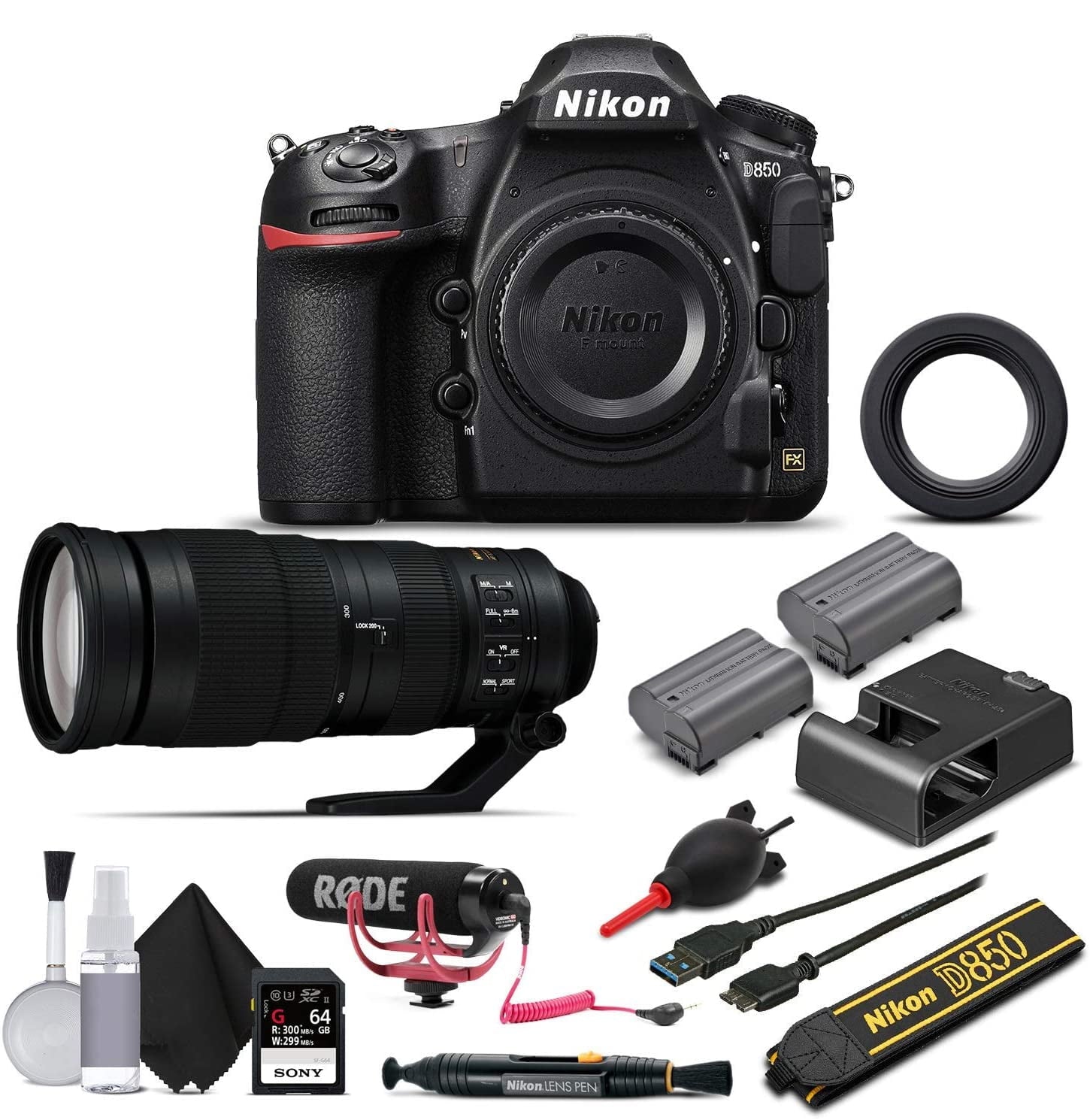 Nikon D850 Digital SLR Camera W/ Nikon AF-S FX NIKKOR 200-500mm f/5.6E ED Lens, 64GB Memory Card, Soft Bag, Rode Mic, Extra Battery, Plus 2 Year Warranty. Intl Model