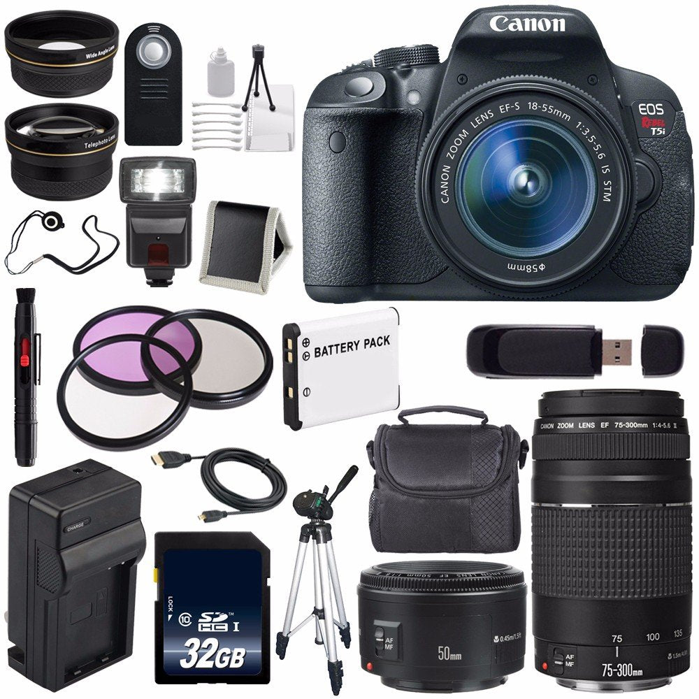Canon EOS Rebel T5i 18 MP CMOS Digital SLR Camera w/EF-S 18-55mm f/3.5-5.6 Lens (International Model) + EF 50mm f/1.8 II