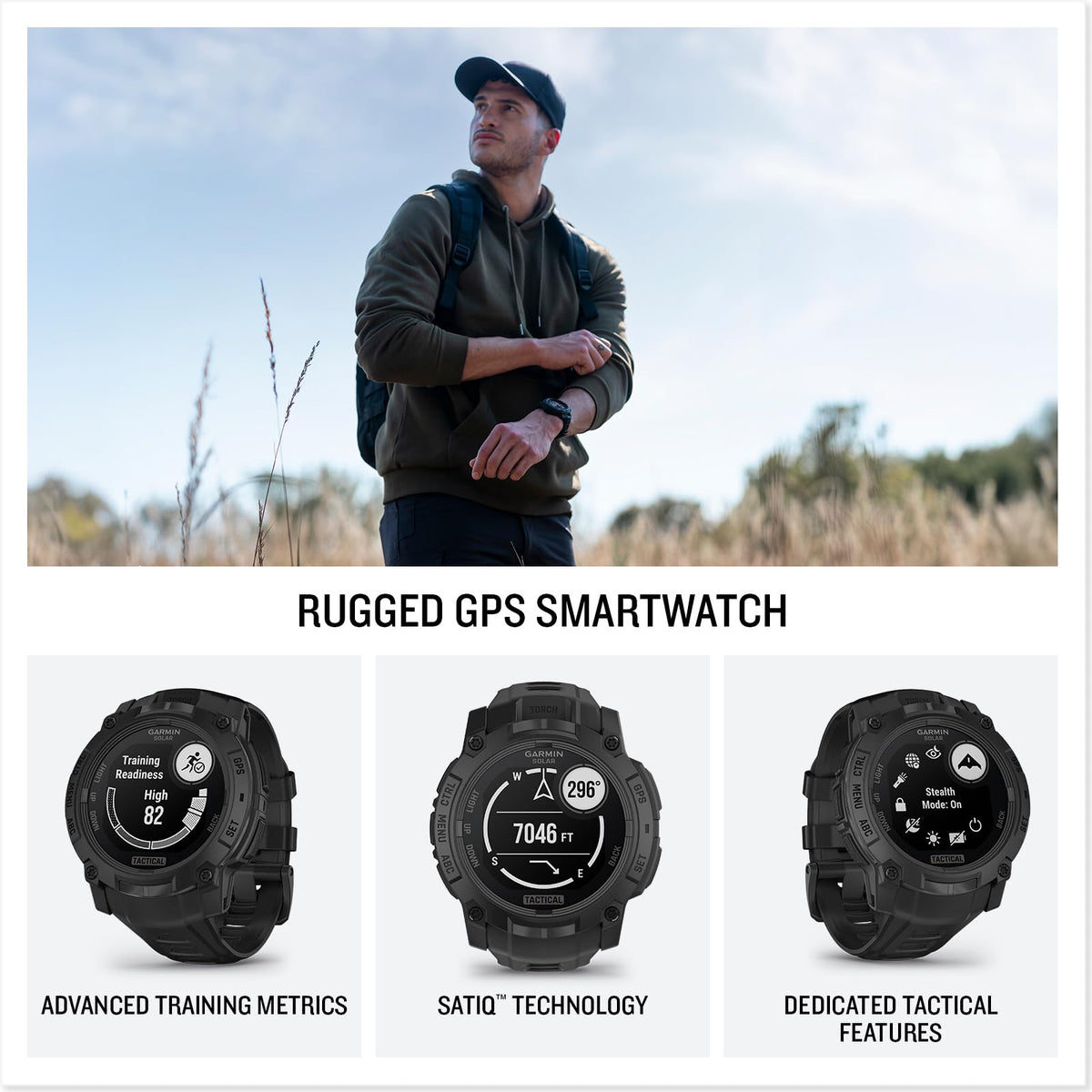 Garmin Instinct® 3 Tactical Edition, 50mm, Solar Charged Display, Rugged Outdoor GPS Smartwatch