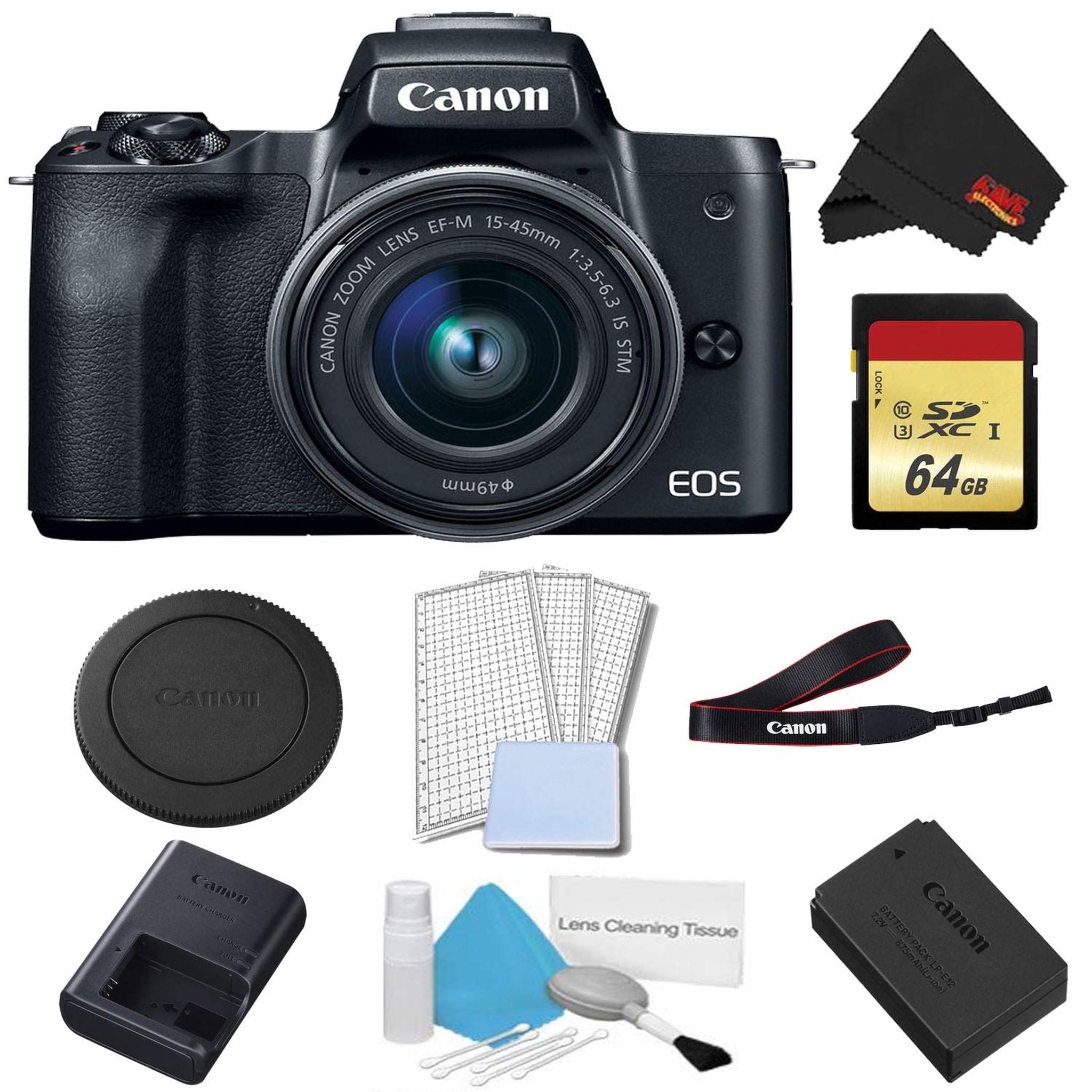 Canon EOS M50 Mirrorless Digital Camera with 15-45mm Lens Black Basic Bundle w/ 64GB Memory Card - International Model Canon
